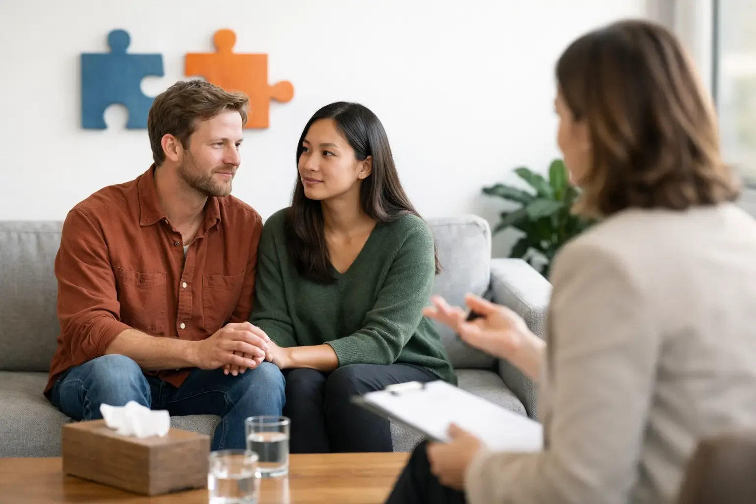 A couple sits closely together on a couch, holding hands and listening attentively to a woman with a clipboard, possibly a therapist, during a counseling session in a comfortable, modern room.