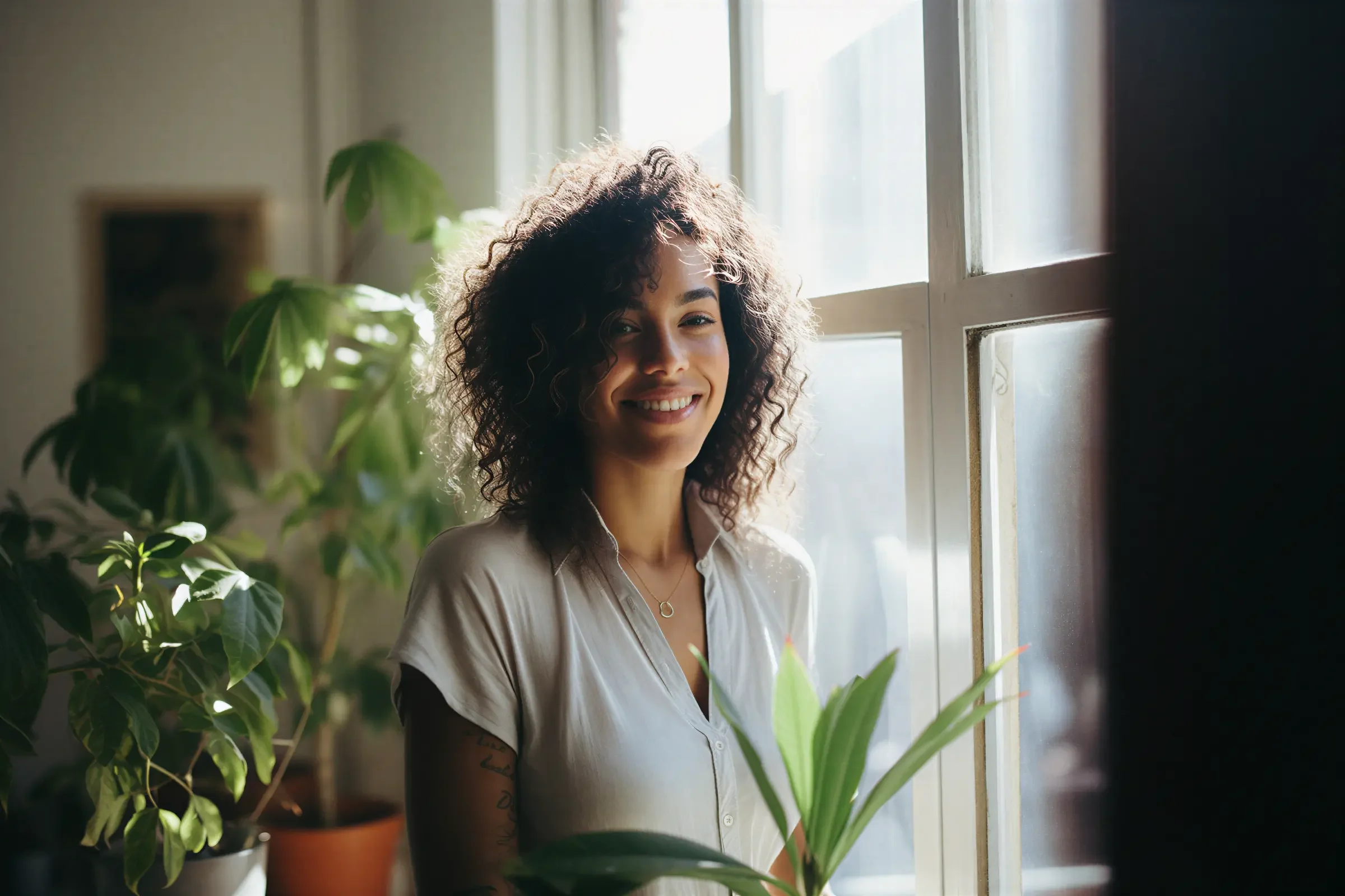 A woman with curly hair and a white shirt smiles while standing by a sunny window, surrounded by green potted plants.