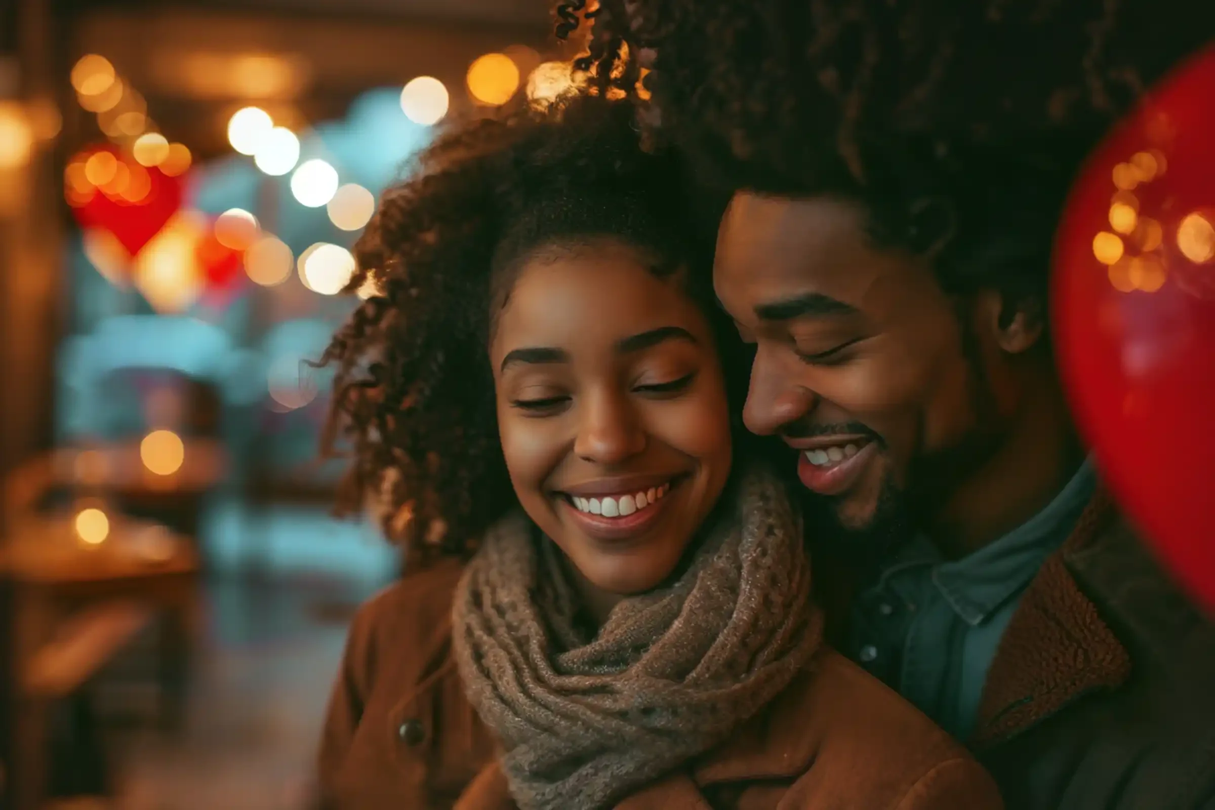 A couple smiles intimately outdoors in soft, warm lighting with blurred decorative lights and red balloons in the background. They wear cozy clothing and appear happy and affectionate together.