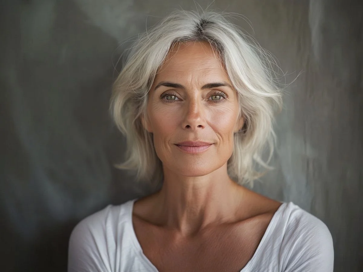 A confident older woman with short, wavy gray hair and light eyes wears a white top and smiles gently while standing against a neutral, textured background—reflecting the calm assurance found through IFS therapy in Superior.