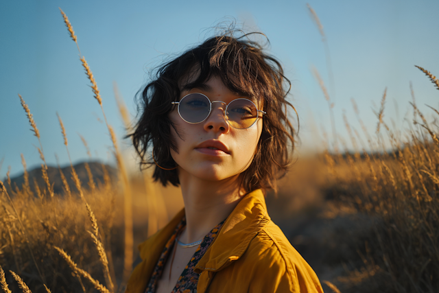 A young woman with short, wavy dark hair and round glasses stands in a sunlit field of tall, golden grass, wearing a mustard yellow jacket. The softly blurred background creates a calm, warm atmosphere reminiscent of healing from EMDR therapy.