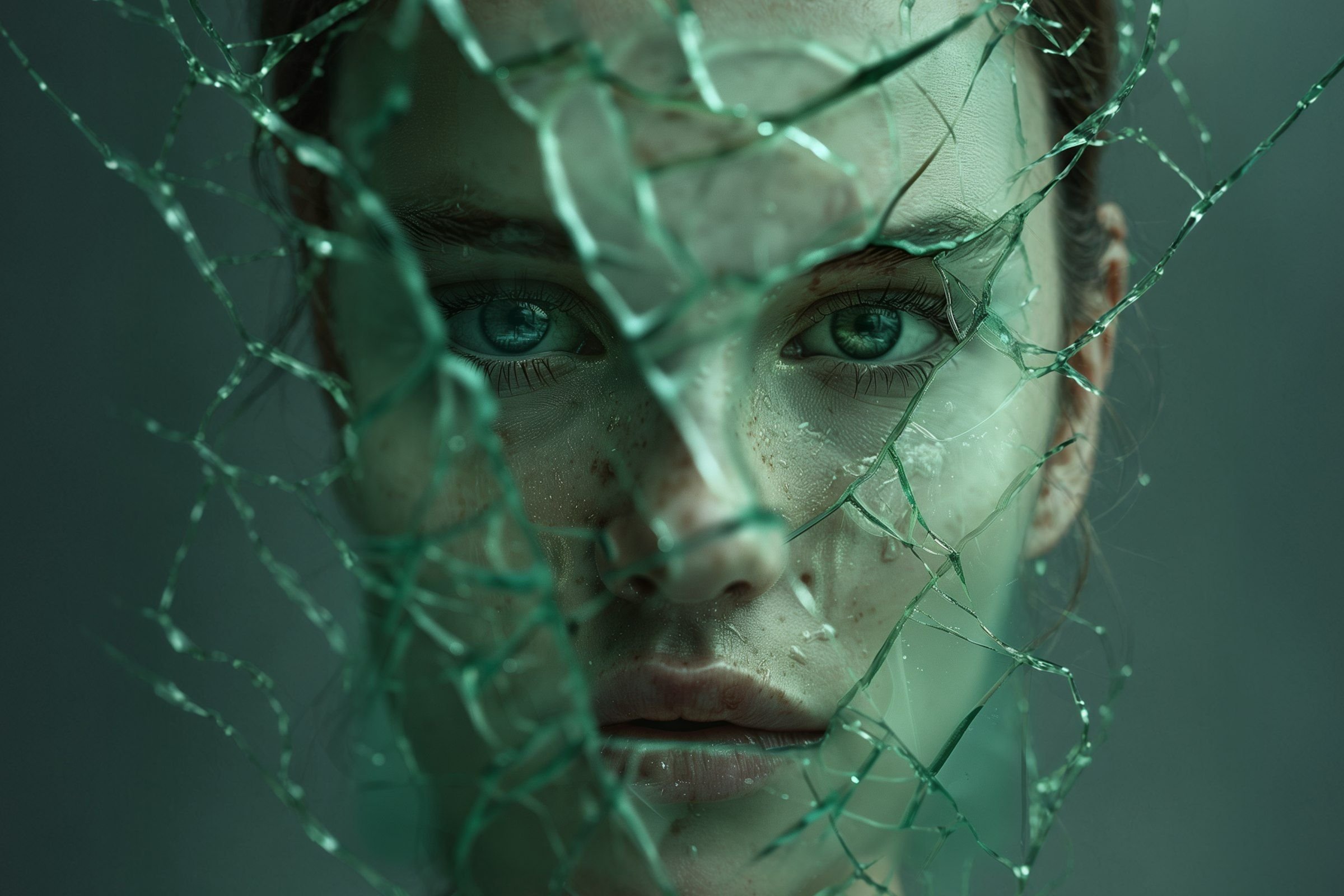 A close-up of a womans face seen through broken shards of glass, creating a fragmented and artistic effect. The lighting is moody and greenish, emphasizing her intense gaze and somber expression.