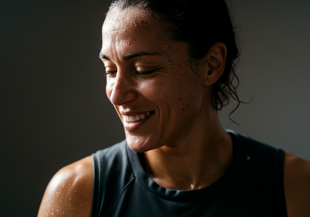 Woman with damp skin smiles softly after movement or exercise, reflecting body awareness and calm associated with somatic healing.
