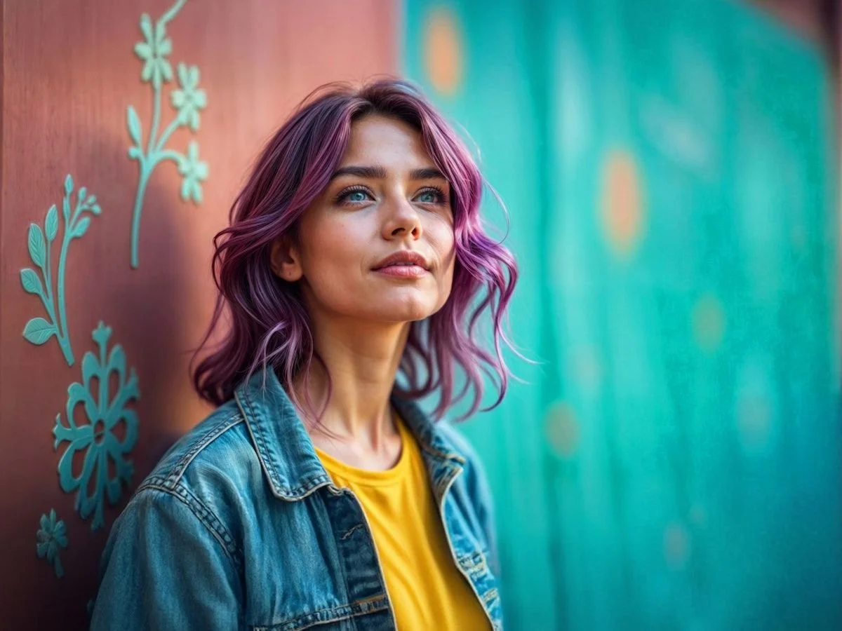 A young woman with wavy purple hair, wearing a yellow shirt and denim jacket, stands against a floral-patterned wall. The teal and orange backdrop suggests a vibrant, artistic vibe—an inviting space for therapy for bipolar disorder.