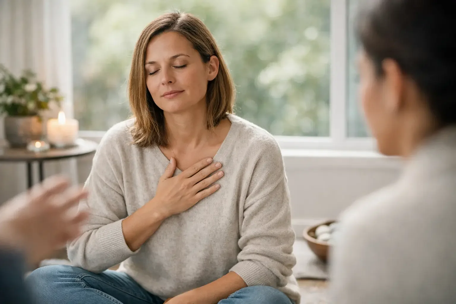 A woman sits cross-legged indoors with her eyes closed and one hand on her chest, looking peaceful. She appears to be meditating or practicing mindfulness, while two other people are partially visible in the foreground.