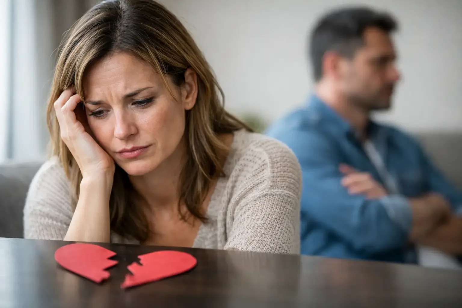 A woman looks sad and thoughtful, resting her head on her hand, while a man sits in the background with his arms crossed. A red paper heart, torn in half, lies on the table in front of her.