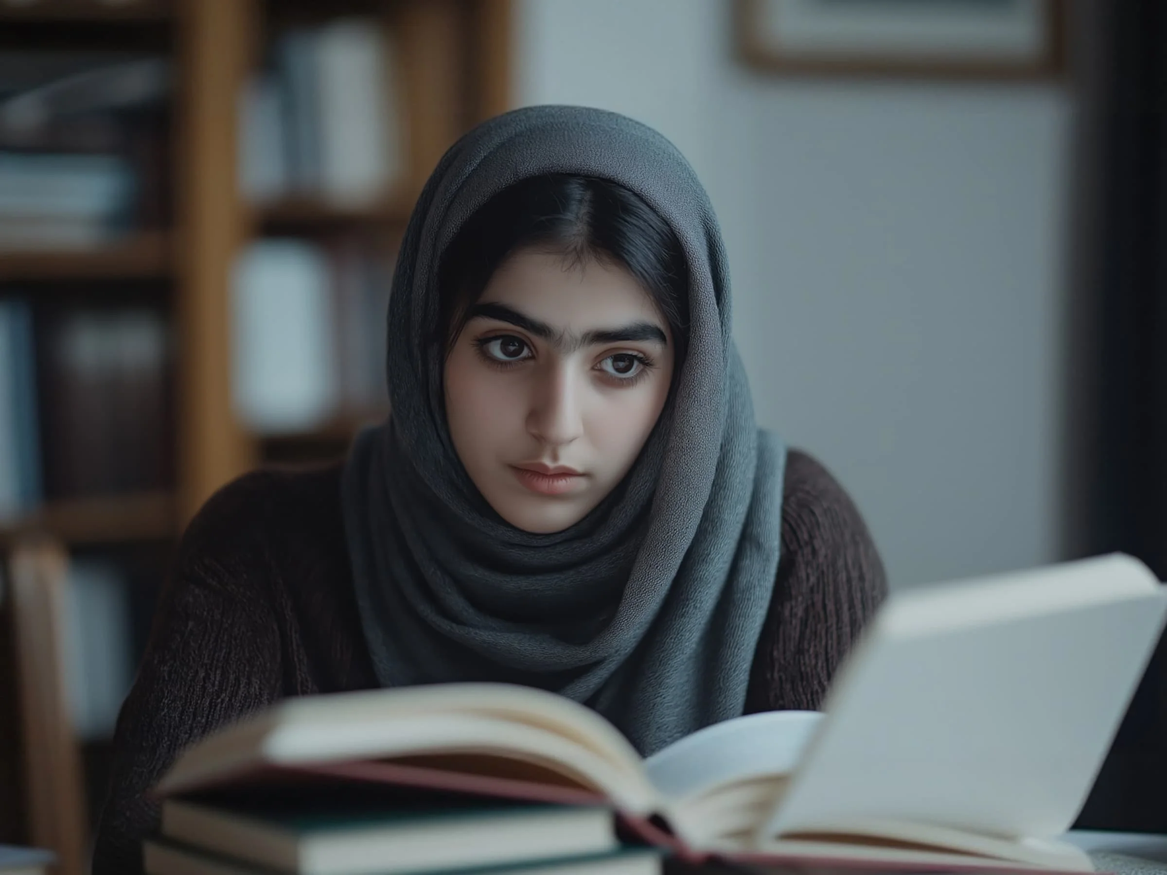 A young woman wearing a grey hijab looking down at an open book.