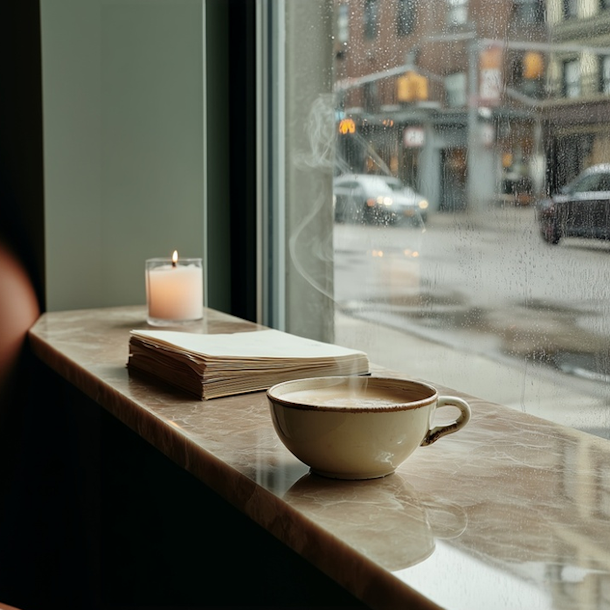A steaming cup of coffee, a book, and a lit candle sit on a marble windowsill overlooking a rainy city street.