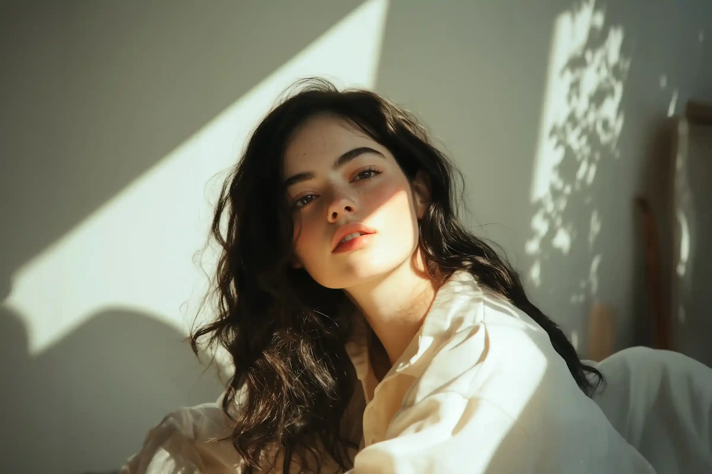 A young woman with long, wavy dark hair sits in soft sunlight, wearing a loose, cream-colored shirt. Shadows and dappled light fall across the wall behind her, creating a calm, serene atmosphere.