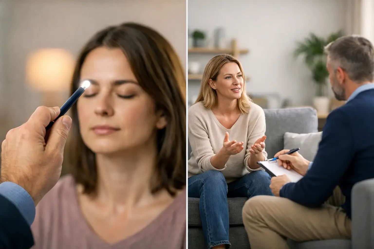 Split image: On the left, a woman sits with eyes closed as a person shines a penlight near her face. On the right, the same woman talks to a man with a notebook in a comfortable living room setting.