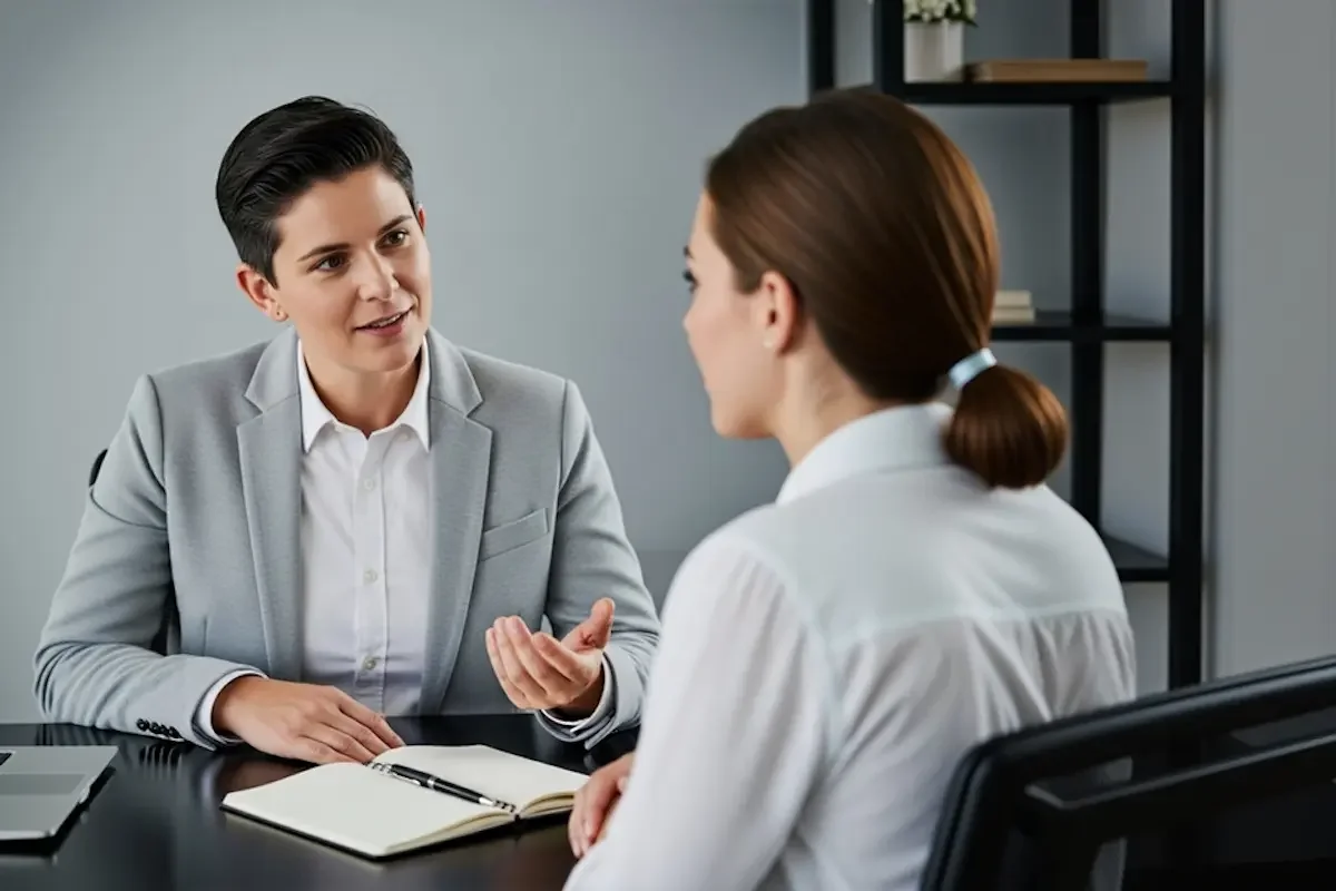 Two people sit across a desk in a modern office. One, in a gray blazer, gestures while talking; the other, in a white shirt, listens. An open notebook and laptop are on the desk. Shelves are in the background.
