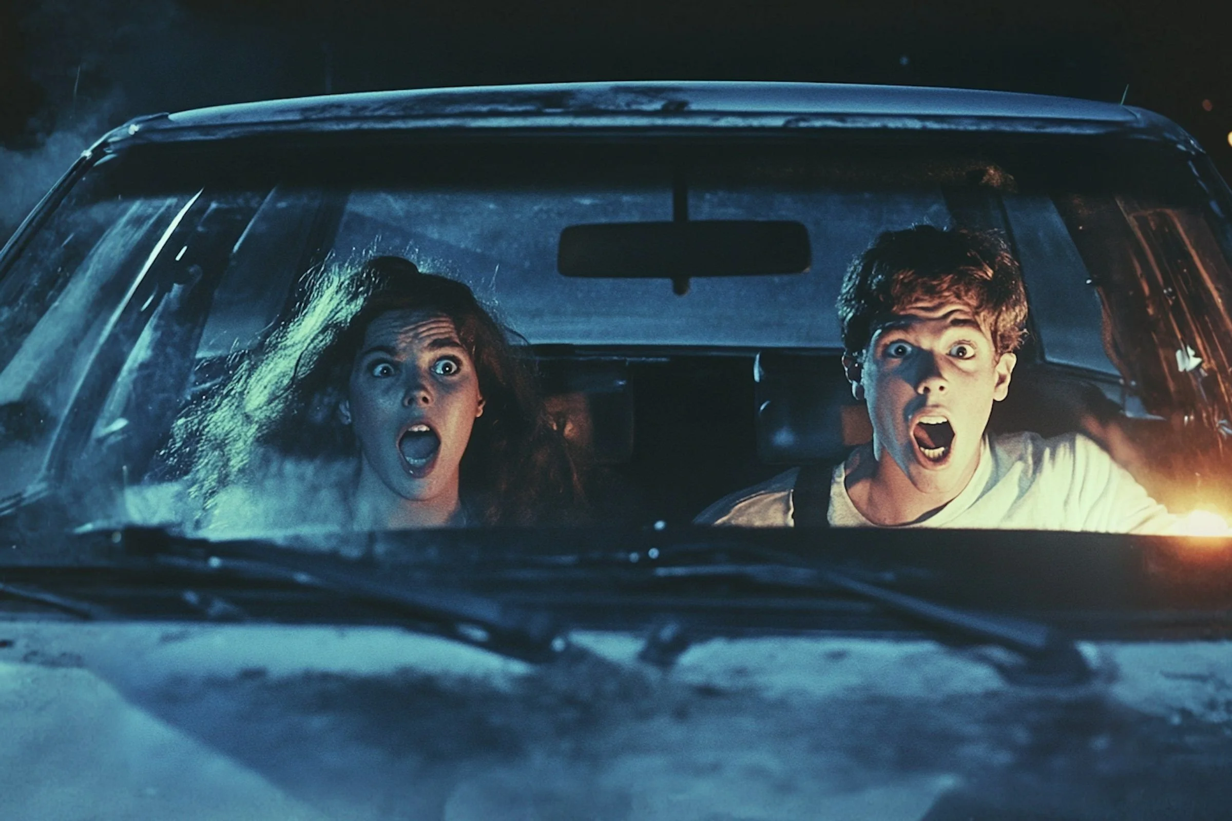 Two young people sit in the front seats of a car at night, both with wide eyes and mouths open in fear, illuminated by blue light, suggesting they are terrified by something ahead of them.