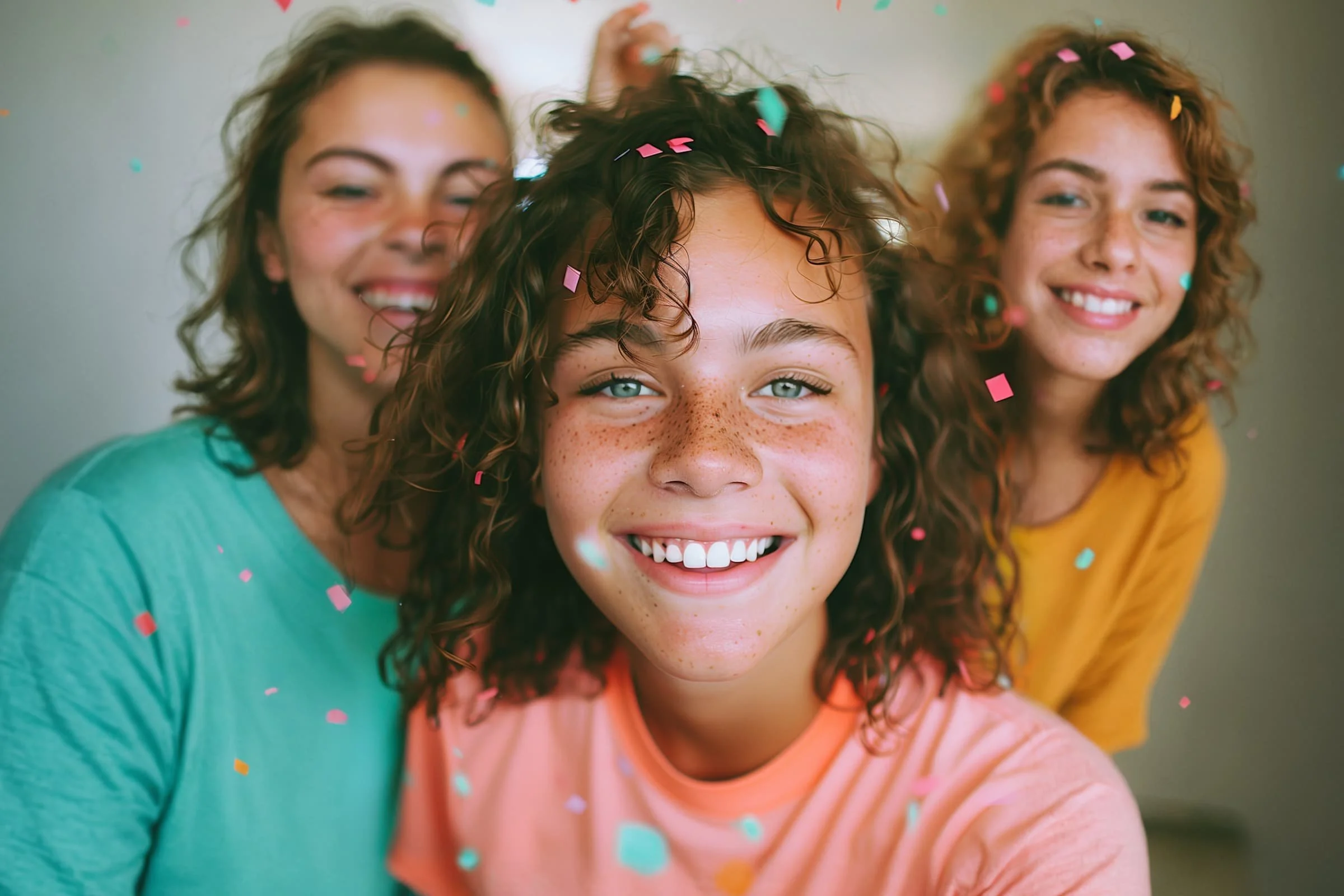 Joyful girl with curly hair and freckles smiling amid colorful confetti, capturing a moment of celebration and happiness. Behind her are two female friends, smiling.