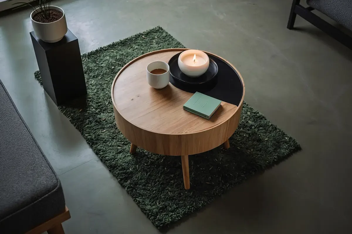 Round wooden coffee table on a green rug, holding a lit candle, a closed green book, and a white mug. Nearby are a gray sofa and a black stand with a small potted plant. The floor is smooth and gray.