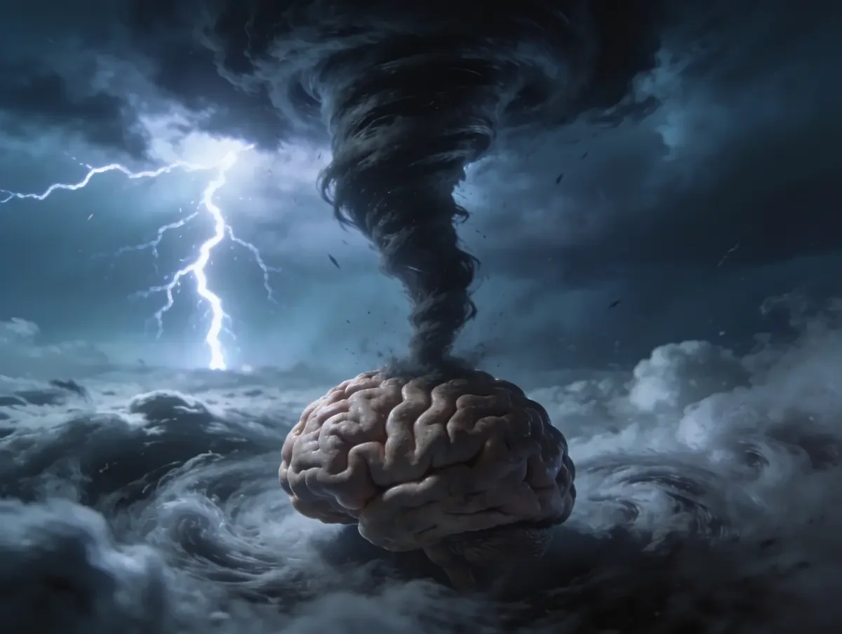 A realistic brain sits amid swirling clouds as a dark tornado spirals up from it, with lightning striking in the stormy sky, creating a dramatic and intense atmosphere.