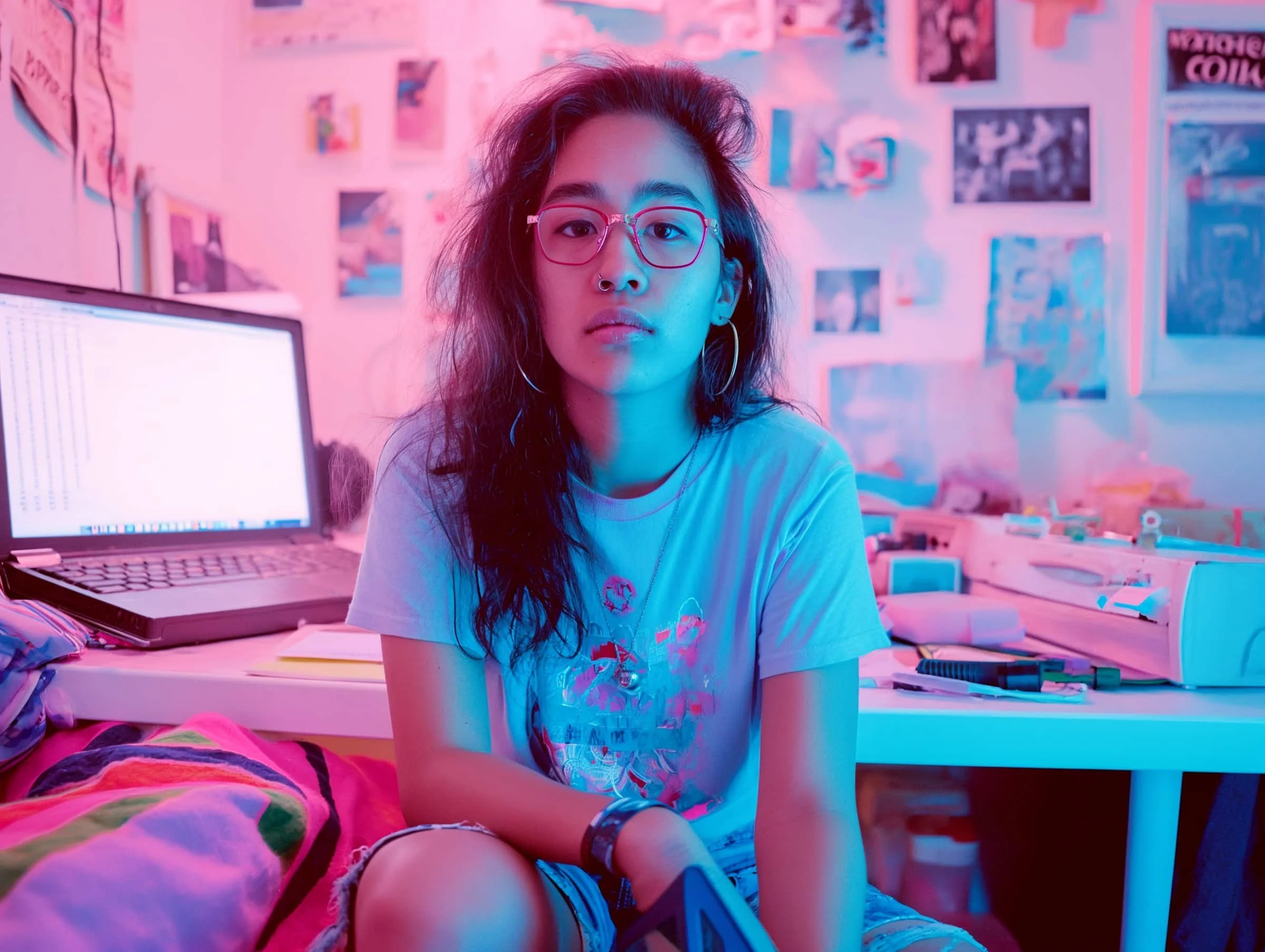 Woman in a creatively lit room with a laptop, surrounded by posters and photos, exuding a modern and artistic vibe.
