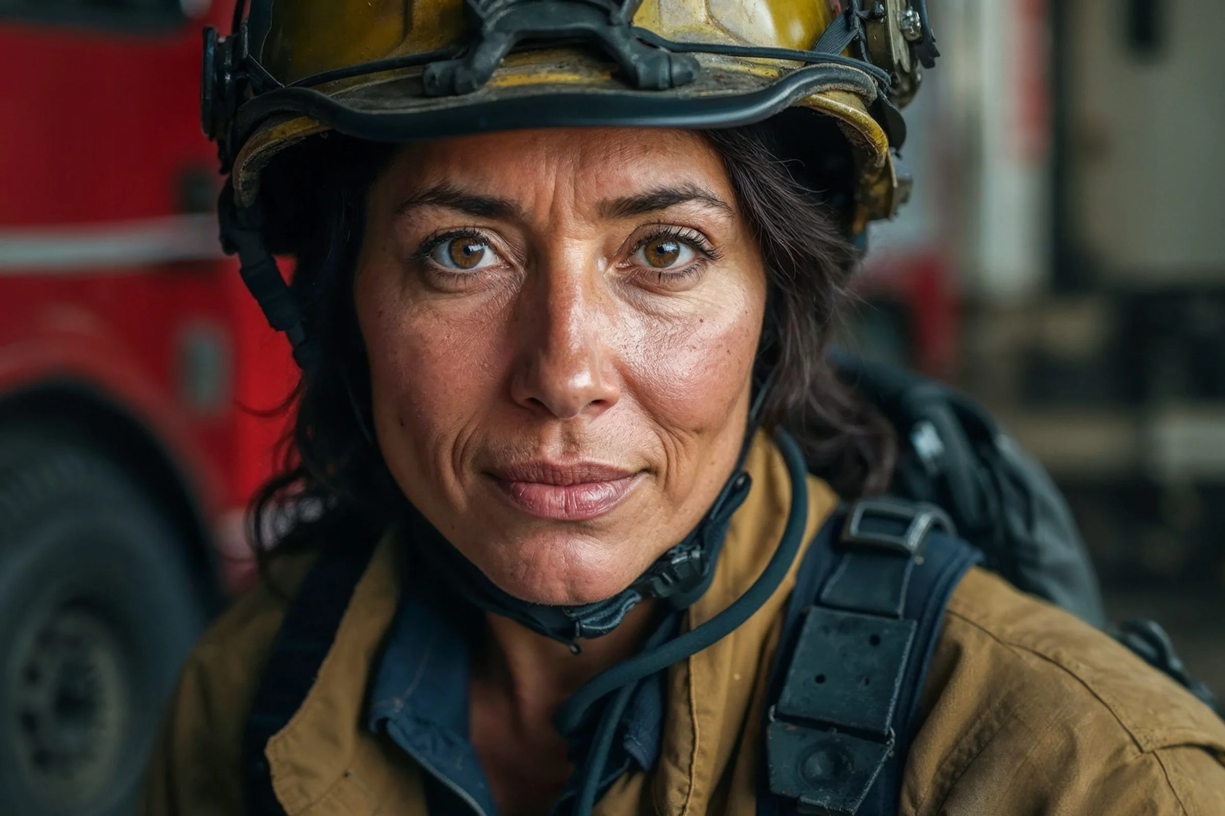 A female firefighter in full gear, including a helmet and protective jacket, looks directly at the camera with a calm, confident expression. A red fire truck is blurred in the background.