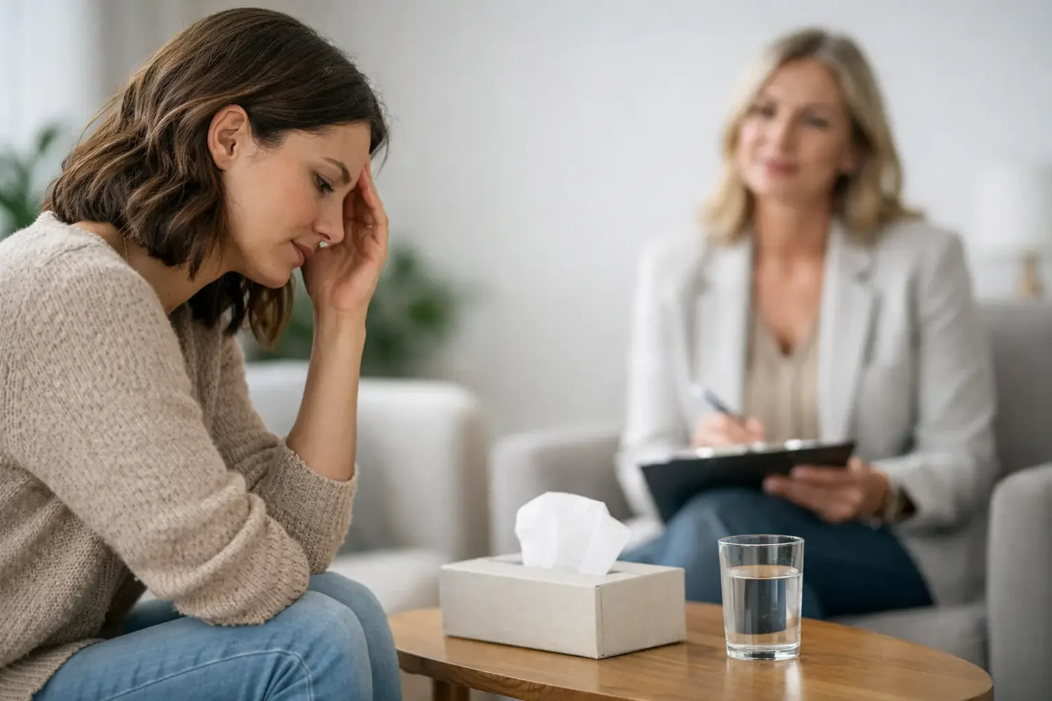 A woman sits with her hand on her forehead, appearing distressed, while another woman with a clipboard listens attentively in the background. A box of tissues and a glass of water are on the table between them.