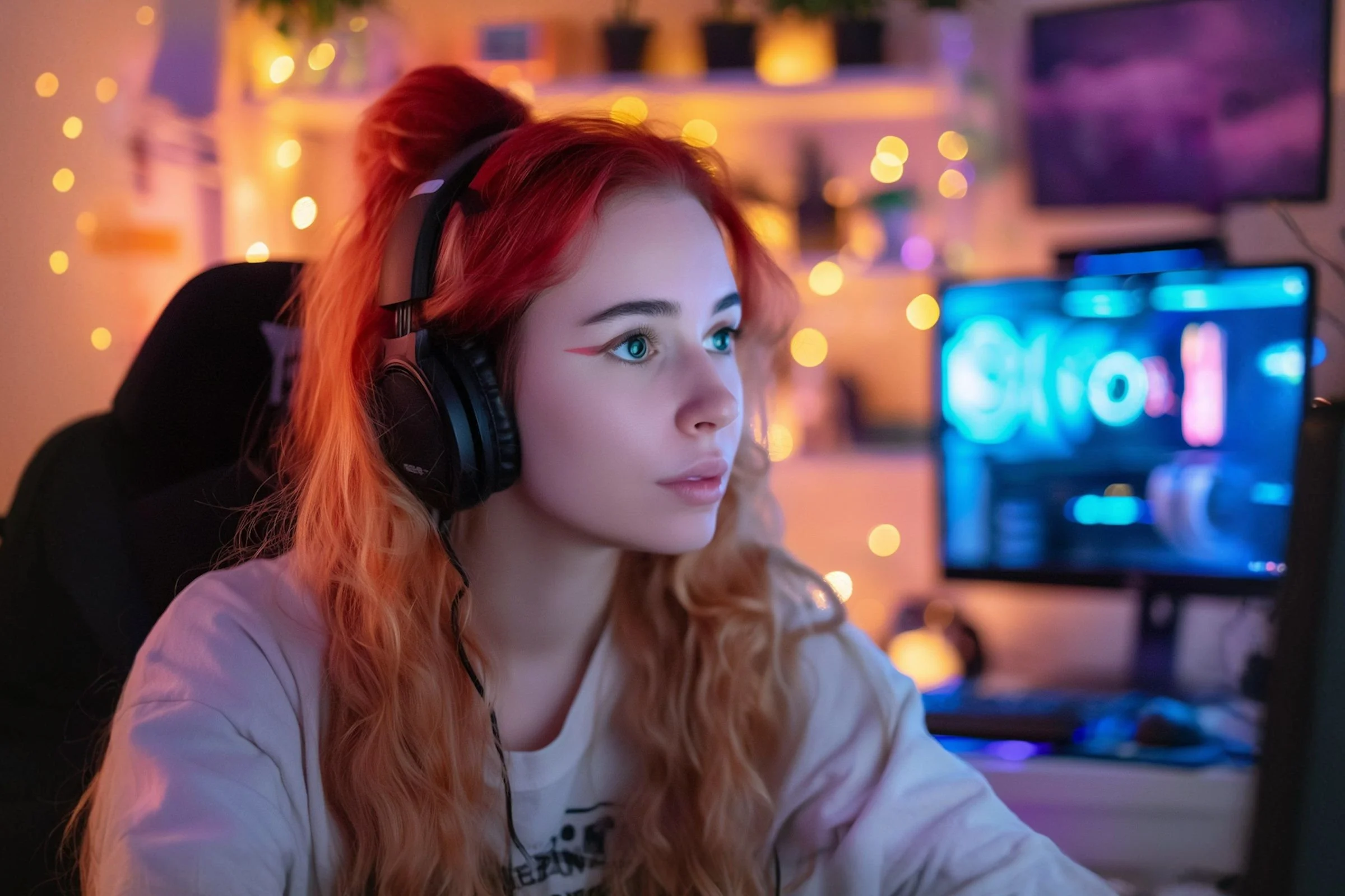A young woman with long red hair wearing headphones sits at a computer desk. The softly lit room, accented by blurred gaming equipment, creates a comforting space reminiscent of ADHD therapy in Superior, CO.