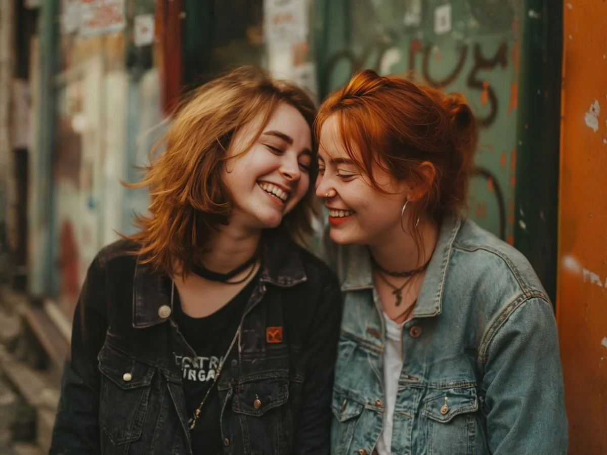 Two young women with tousled hair and denim jackets smile and lean close together, sharing a joyful moment outdoors against a graffiti-covered wall—reflecting the connection fostered through couples therapy in Superior, CO.