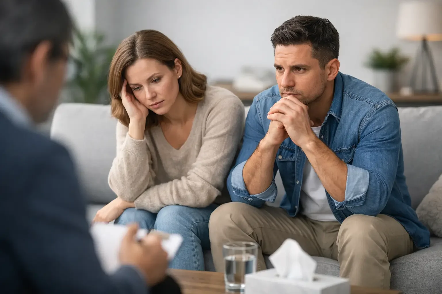 A man and woman sit close together on a couch, both looking concerned and thoughtful, while listening to a person in glasses who is speaking to them. A glass of water and tissues are on the table in front of them.