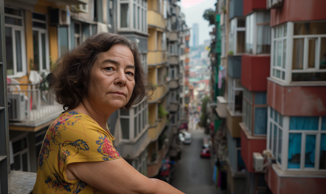 Older woman looks out over a narrow city street from a balcony with a serious expression, reflecting quiet reflection during emotional flashbacks.