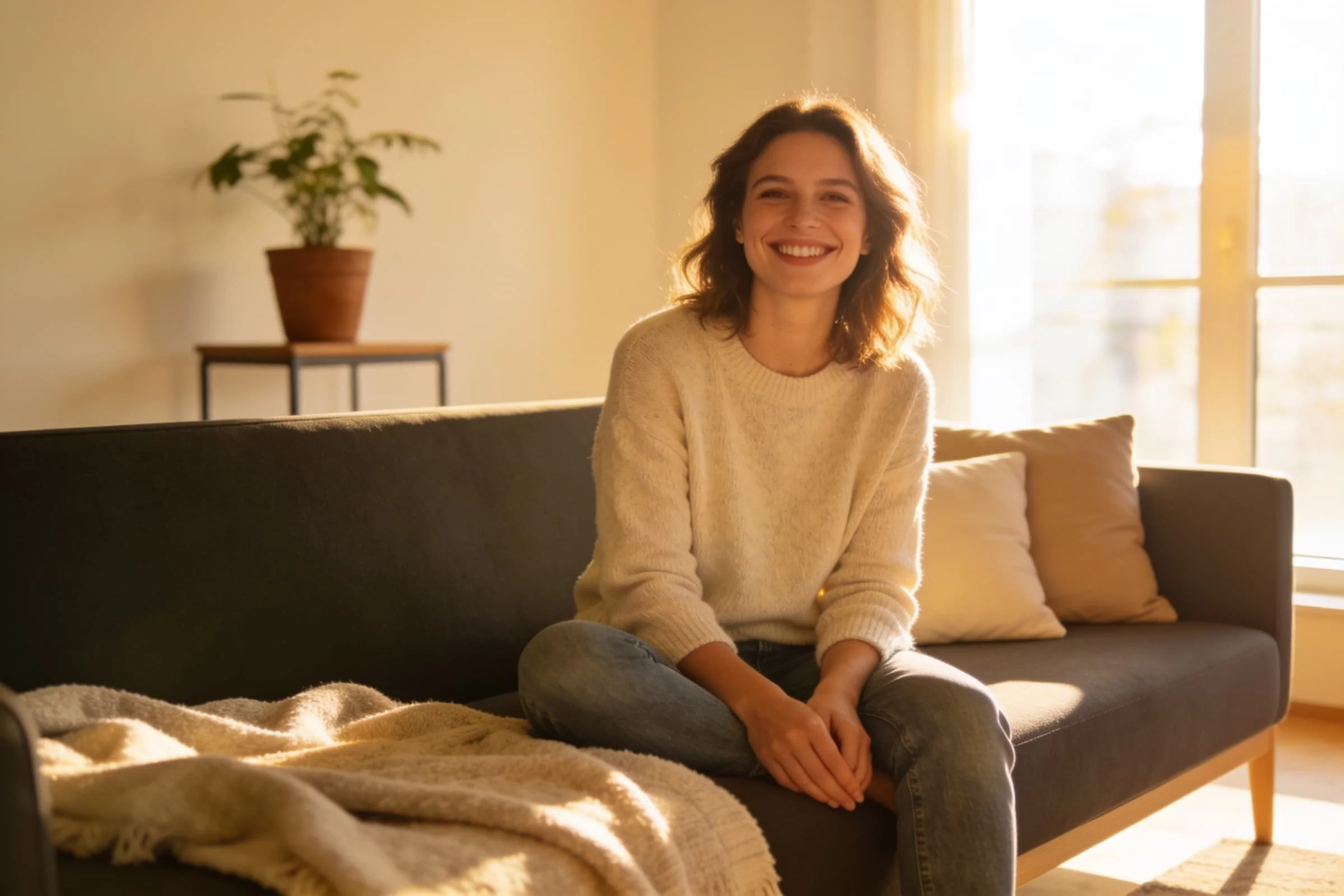 A woman in a cozy sweater sits on a sofa in a sunlit room, smiling warmly. The scene is serene and inviting, with soft lighting.
