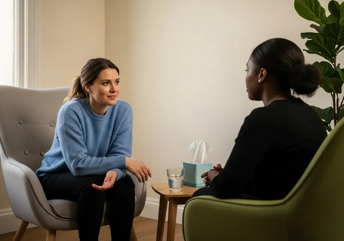 Two women sit facing each other in chairs, having a conversation. One woman wears a blue sweater and gestures with her hand, while the other listens. A table with a tissue box and a glass of water is between them. A plant is in the background.
