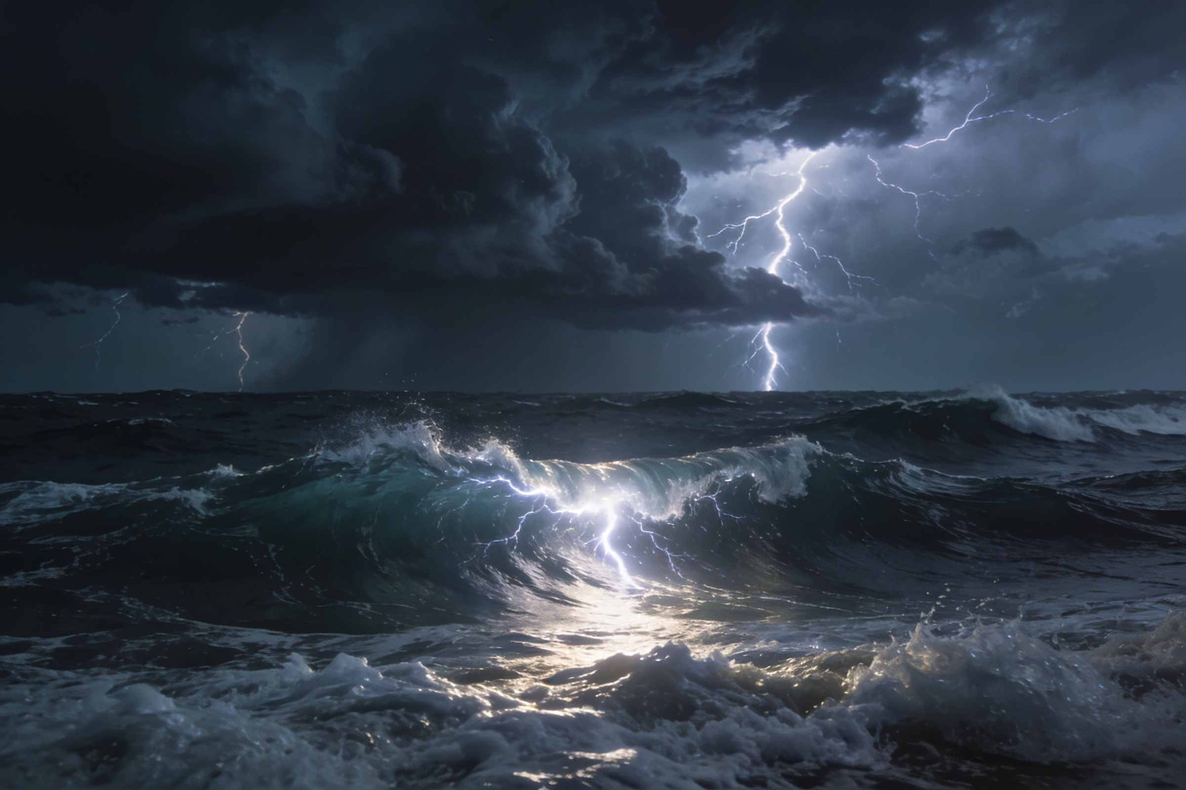 Dark storm clouds loom over a turbulent ocean as multiple bolts of lightning strike the water, illuminating the crashing waves and creating a dramatic, intense scene.