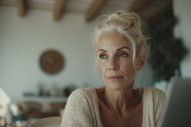 Older woman with gray hair in a loose bun gazes off thoughtfully in a softly lit room, reflecting a quiet moment often associated with emotional flashbacks.