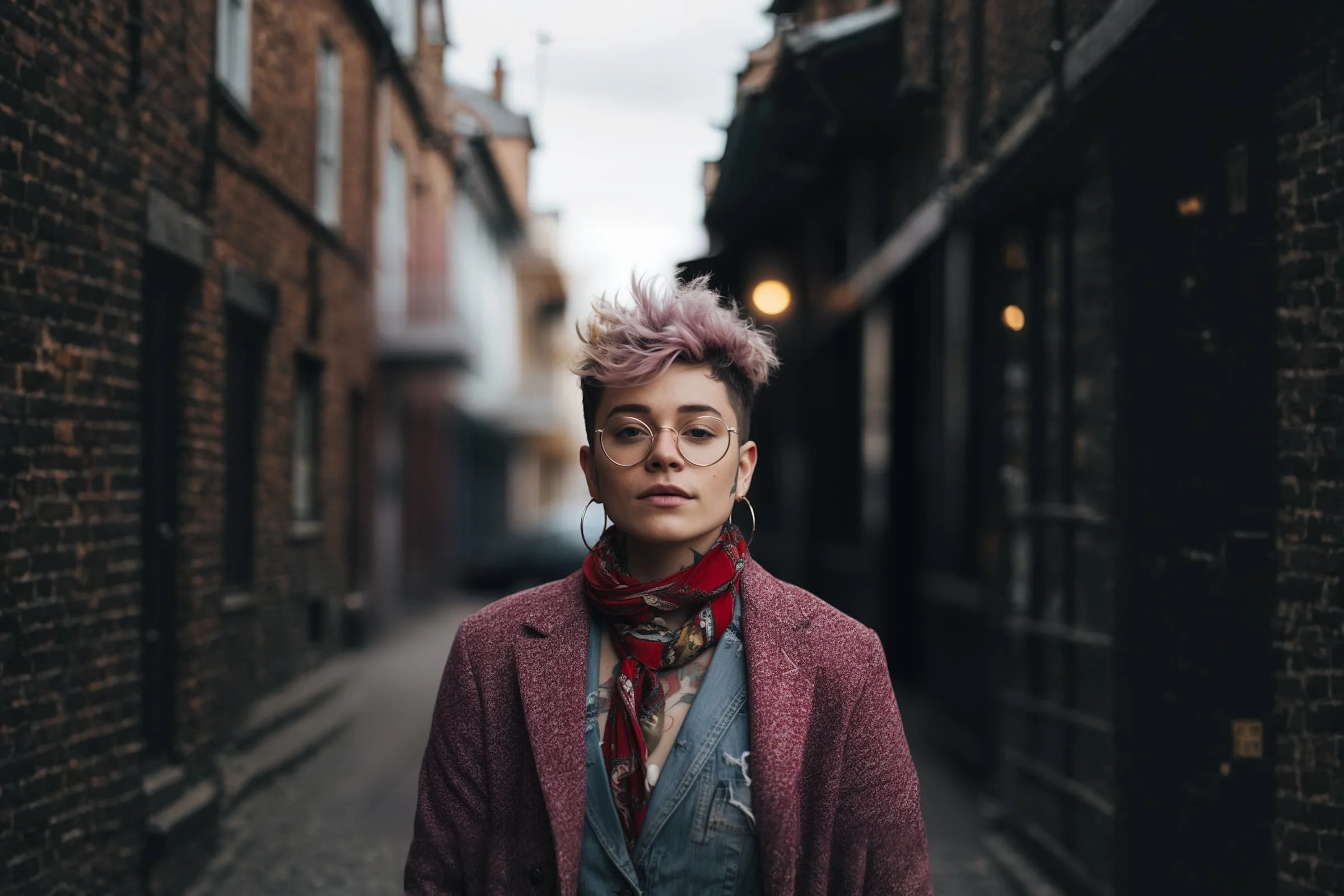 Stylish individual with pastel pink hair, round glasses, and a red scarf in an urban setting.