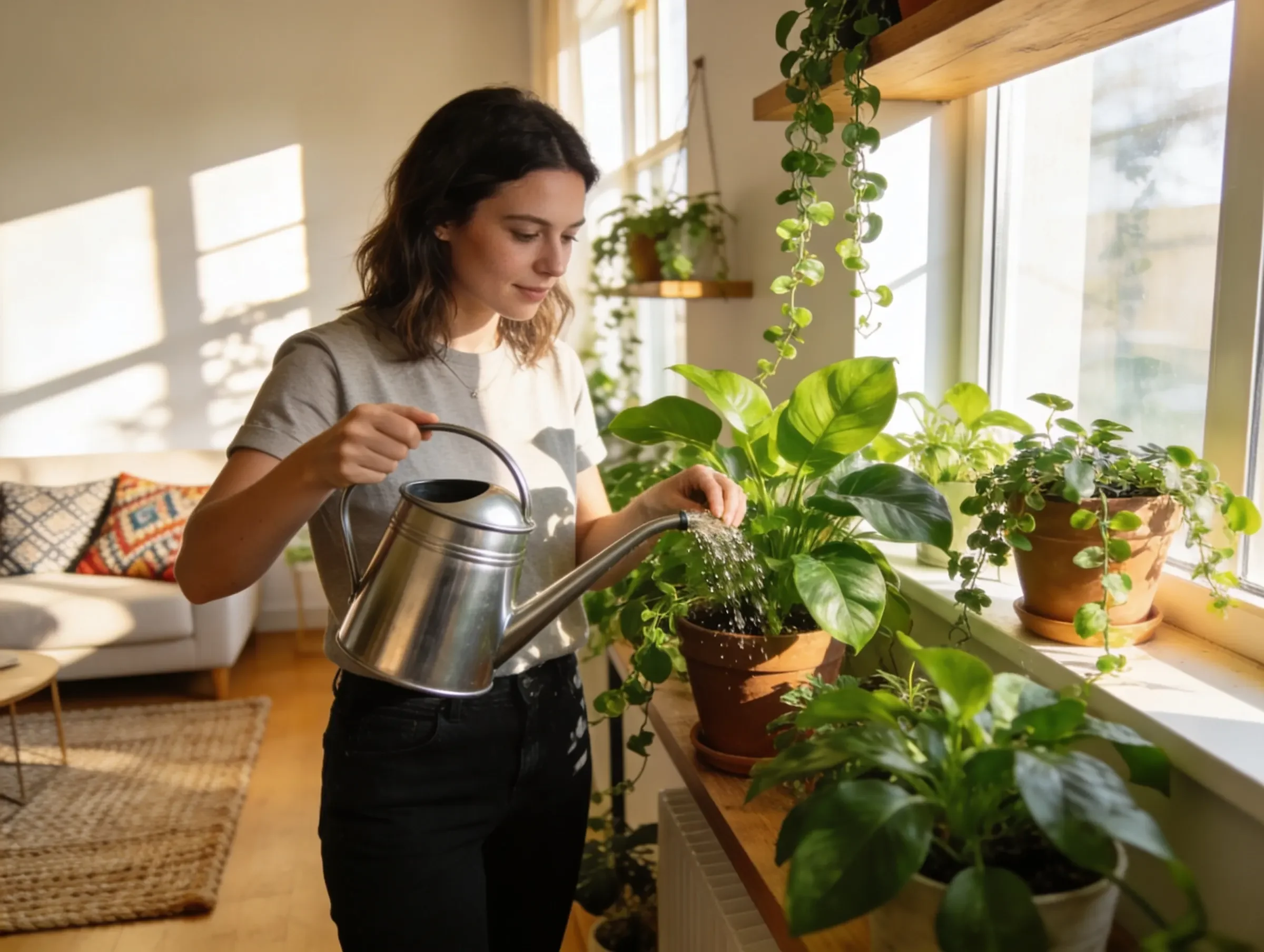 A woman waters potted houseplants on a windowsill in a bright, cozy room filled with sunlight and greenery.