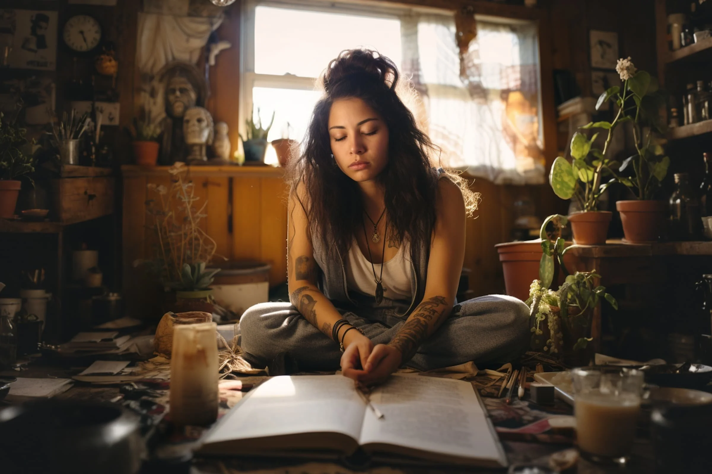 A young woman with long dark hair and tattoos sits cross-legged in a cozy, sunlit room filled with plants and books, peacefully reading an open book on the floor.