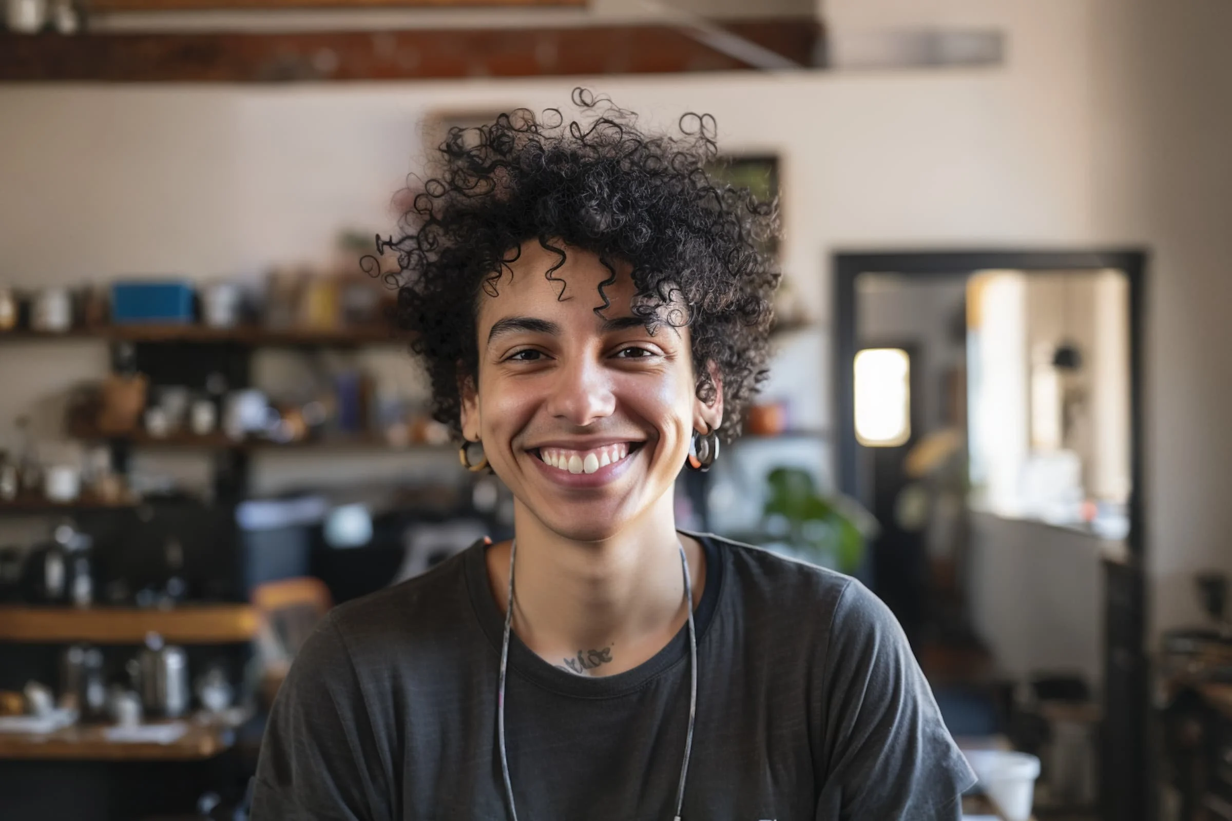 Smiling individual with curly hair, hoop earrings, and a tattoo in a cozy indoor setting with blurred shelves and plants in the background.