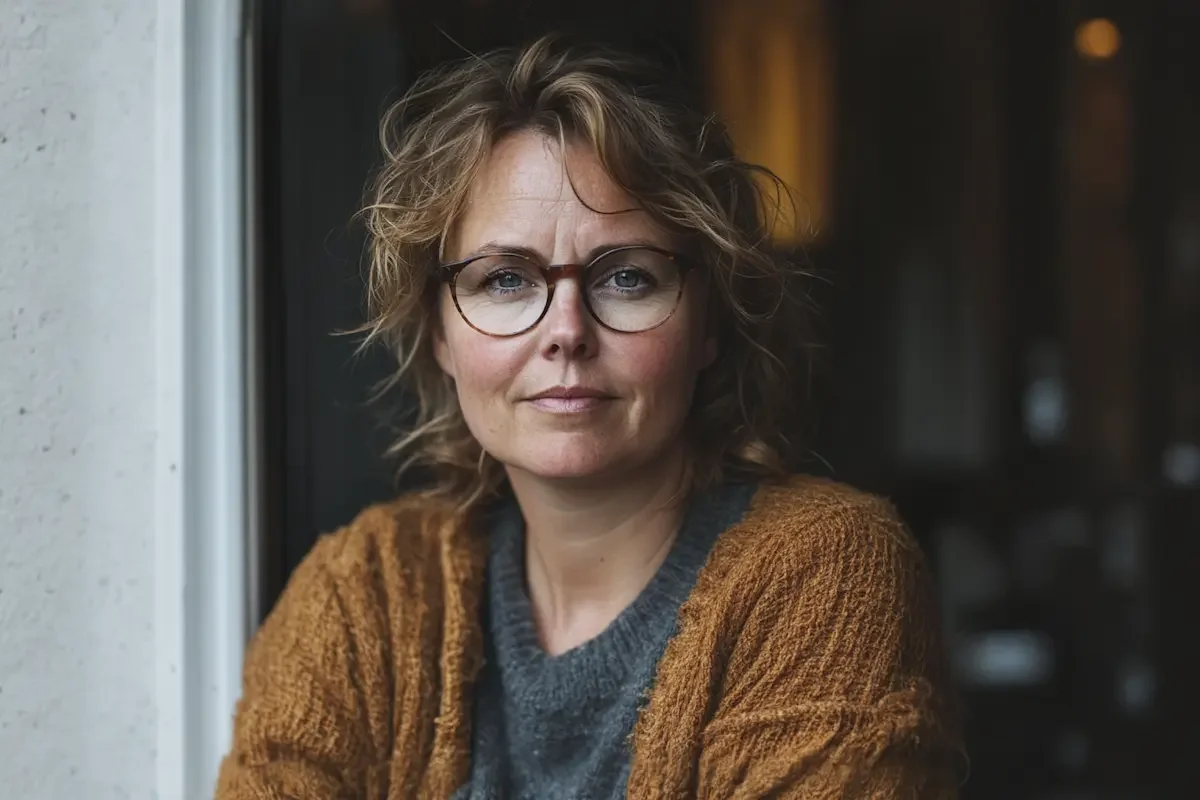 A woman with wavy light brown hair and glasses wears a brown cardigan over a gray sweater, sitting indoors near a window and looking calmly at the camera.