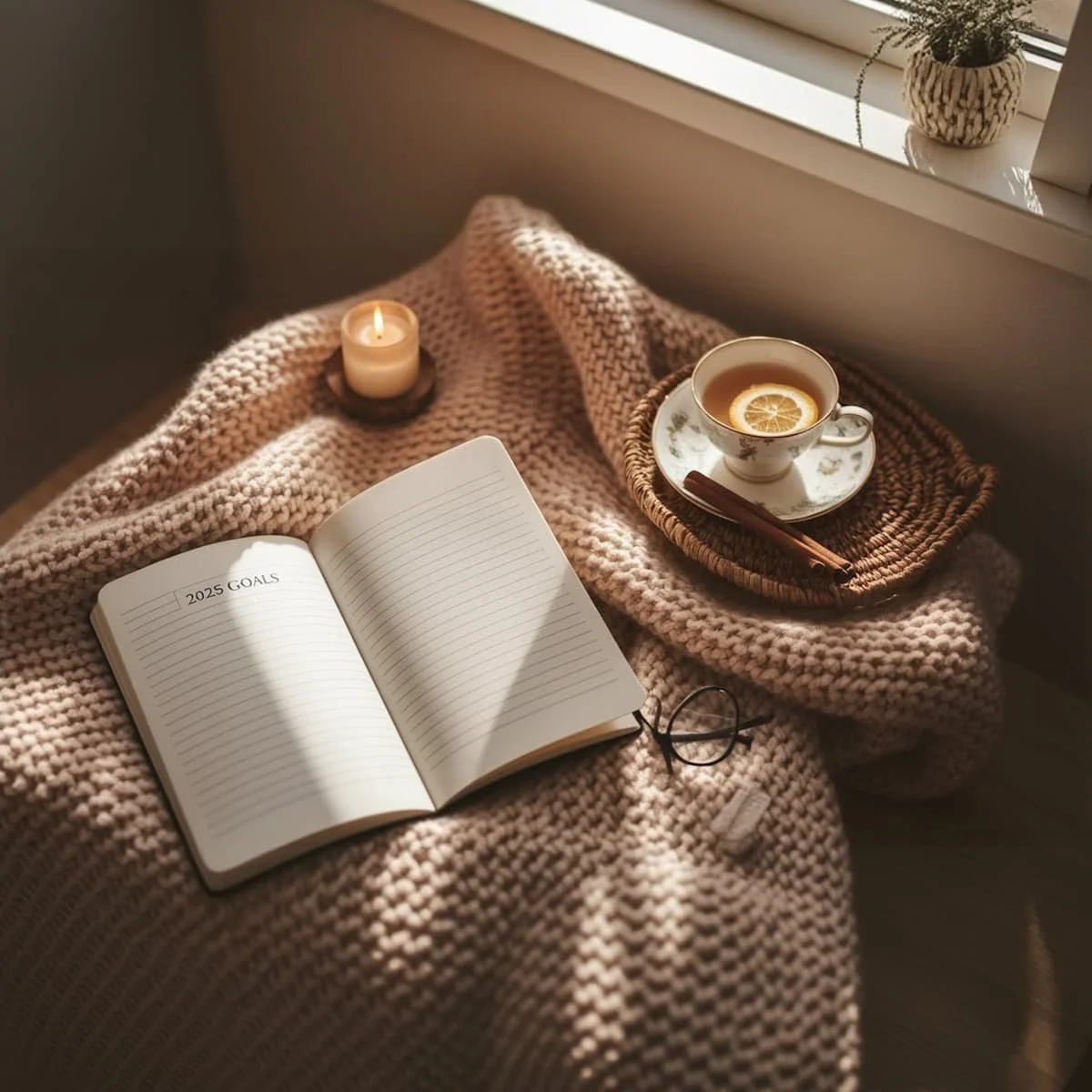 An open journal on a textured knit blanket next to a cup of tea, a candle, and eyeglasses.