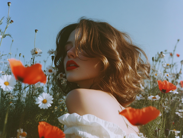 A woman with wavy brown hair and red lipstick poses outdoors in a field of poppies and daisies, embodying the calm confidence found through IFS therapy, as she wears an off-shoulder white top against a clear blue sky.