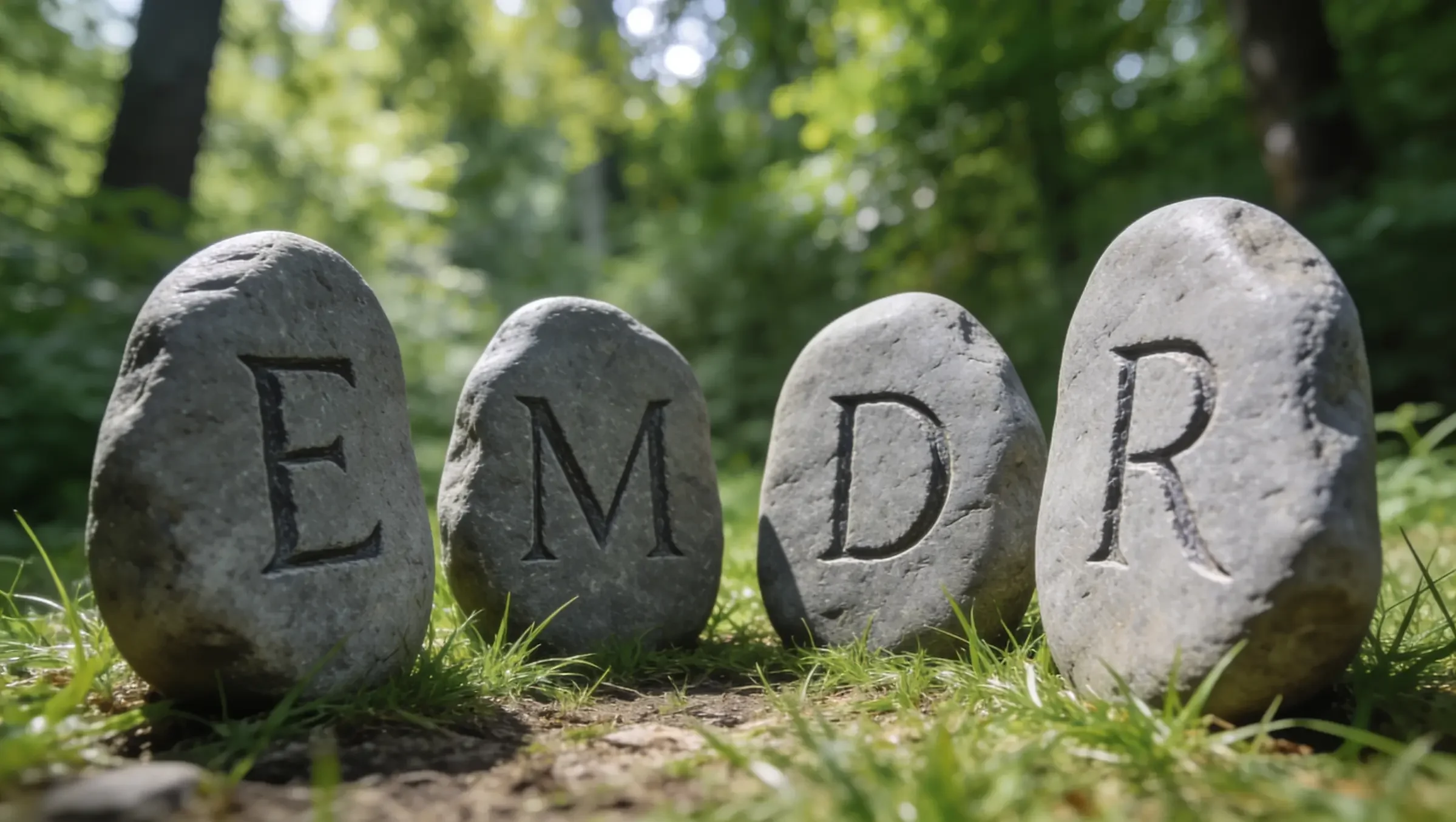 Four gray stones standing upright on grass in a sunlit forest, each with a carved letter spelling EMDR. Trees and greenery are visible in the blurred background.