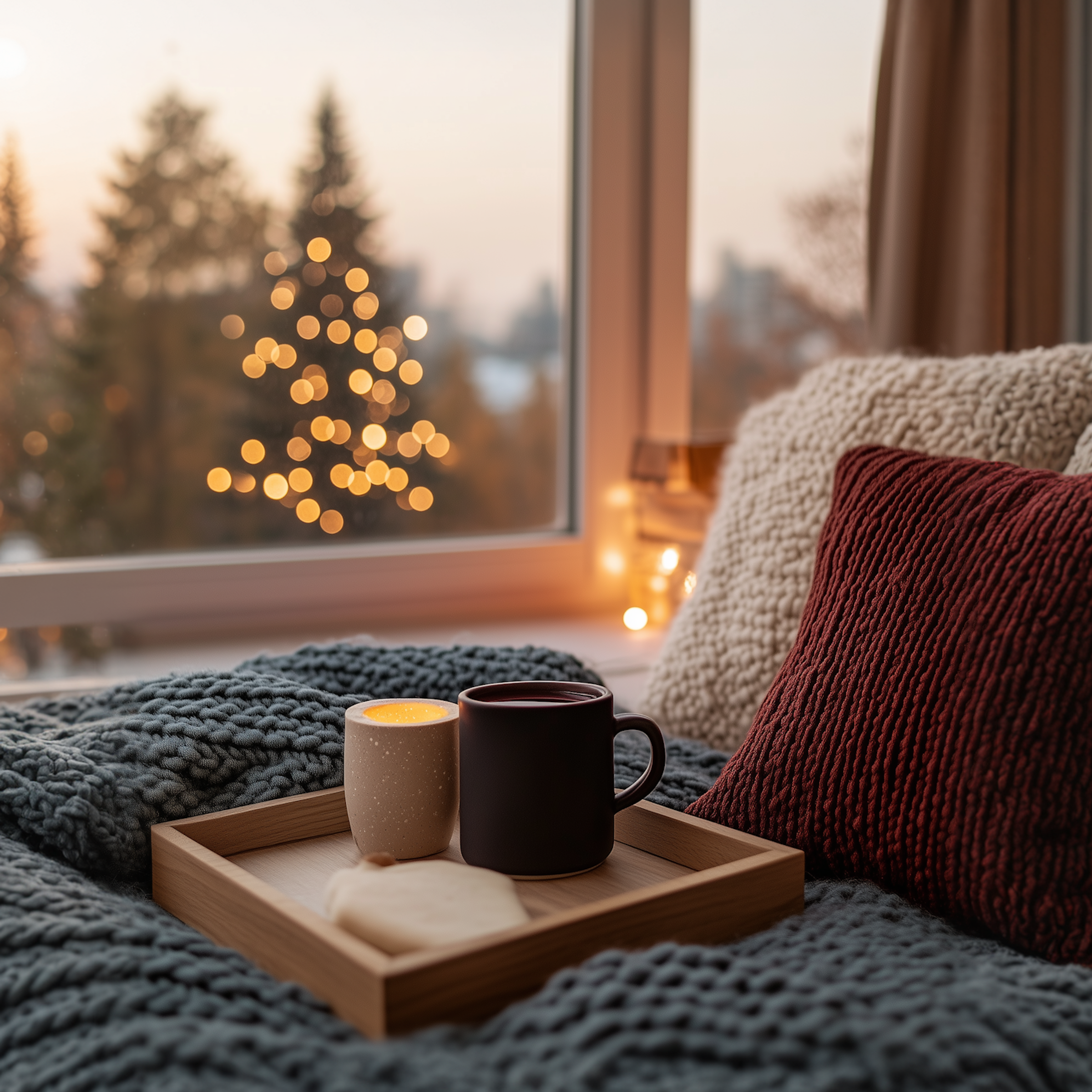 A wooden tray with a lit candle, a mug, and a cookie sits on a thick, dark blanket next to a window overlooking a blurred, lit Christmas tree.