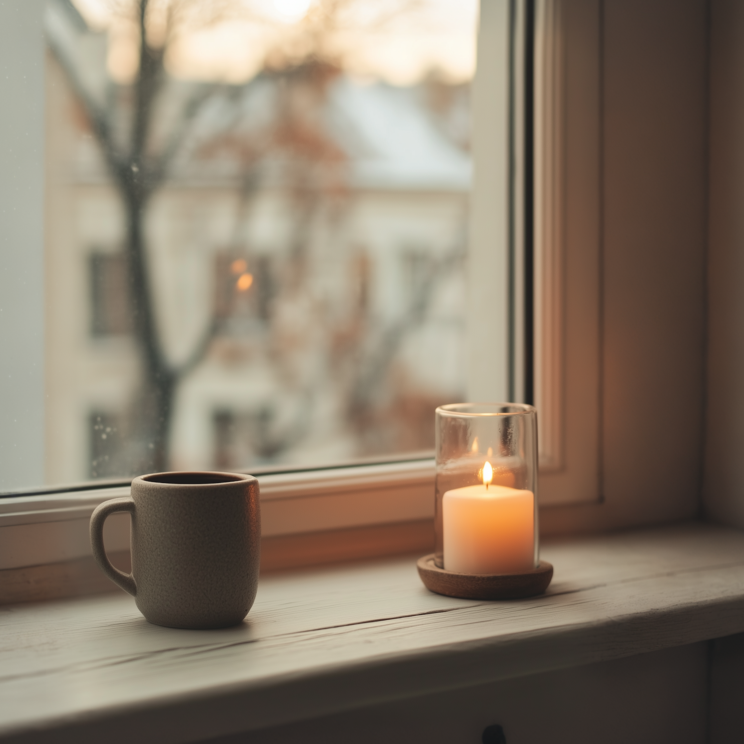 Coffee cup and lit candle resting on a windowsill.