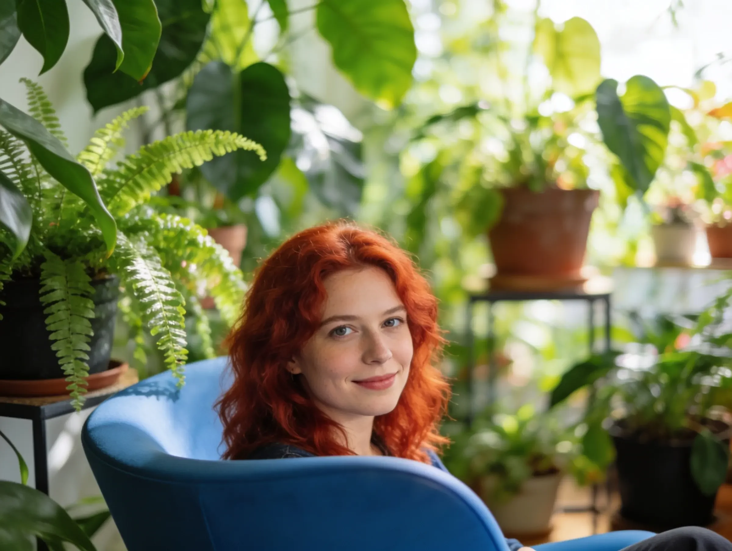 A woman with curly red hair sits in a blue chair, smiling, surrounded by lush green houseplants in a bright, sunlit room.