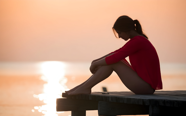 Woman in a red top sits alone on a dock at sunset with her head resting on her knees, evoking isolation and reflection often linked to emotional flashbacks.