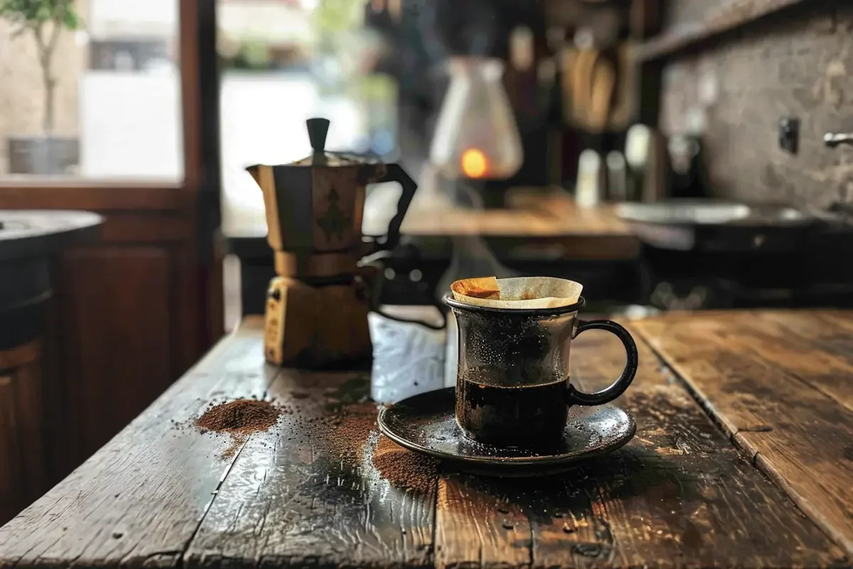 A glass cup of coffee sits on a saucer on a rustic wooden table, with coffee grounds scattered around. In the background, a vintage moka pot and blurry kitchen items are visible. Warm, natural light fills the scene.