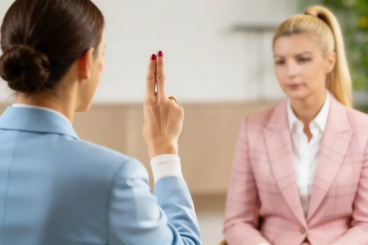 A woman in a blue blazer holds up two fingers while facing another woman in a pink blazer. The second woman appears to be focusing on the fingers, suggesting a therapeutic or communicative interaction.