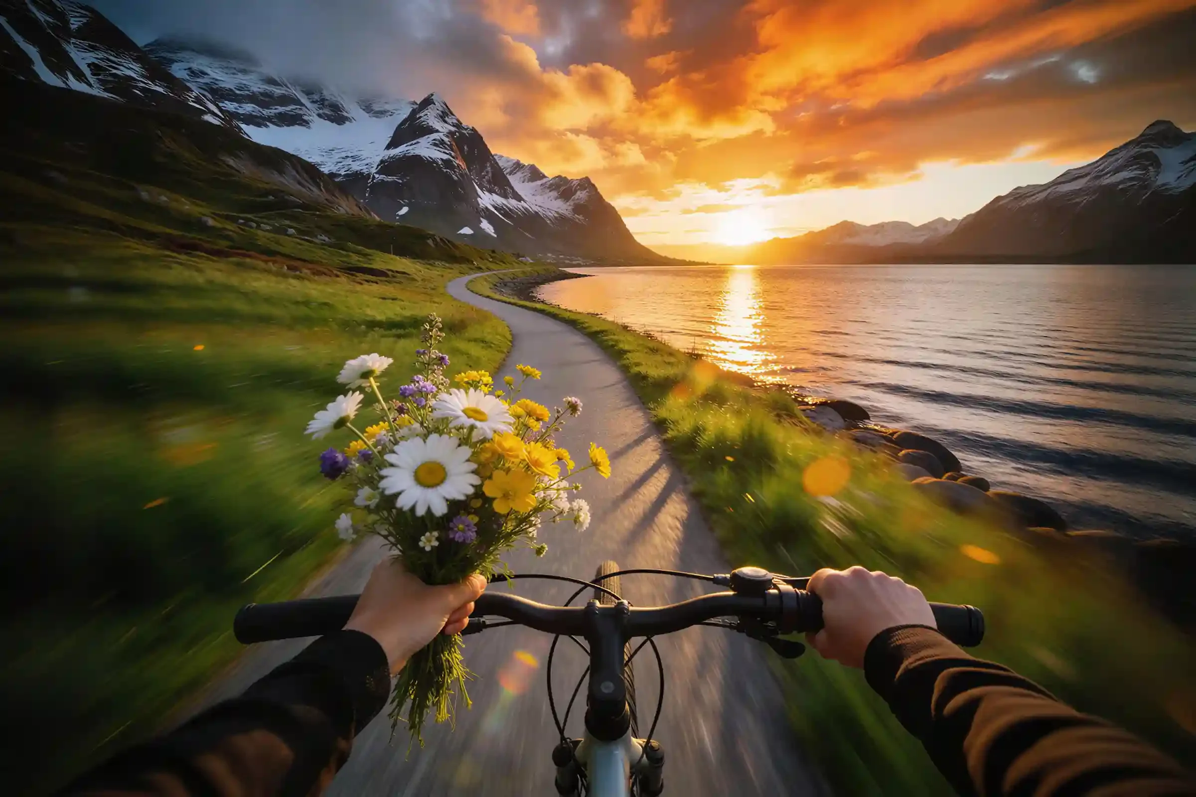 A person rides a bicycle holding a bouquet of wildflowers on a winding lakeside path, with dramatic mountains and a vibrant orange sunset sky in the background.