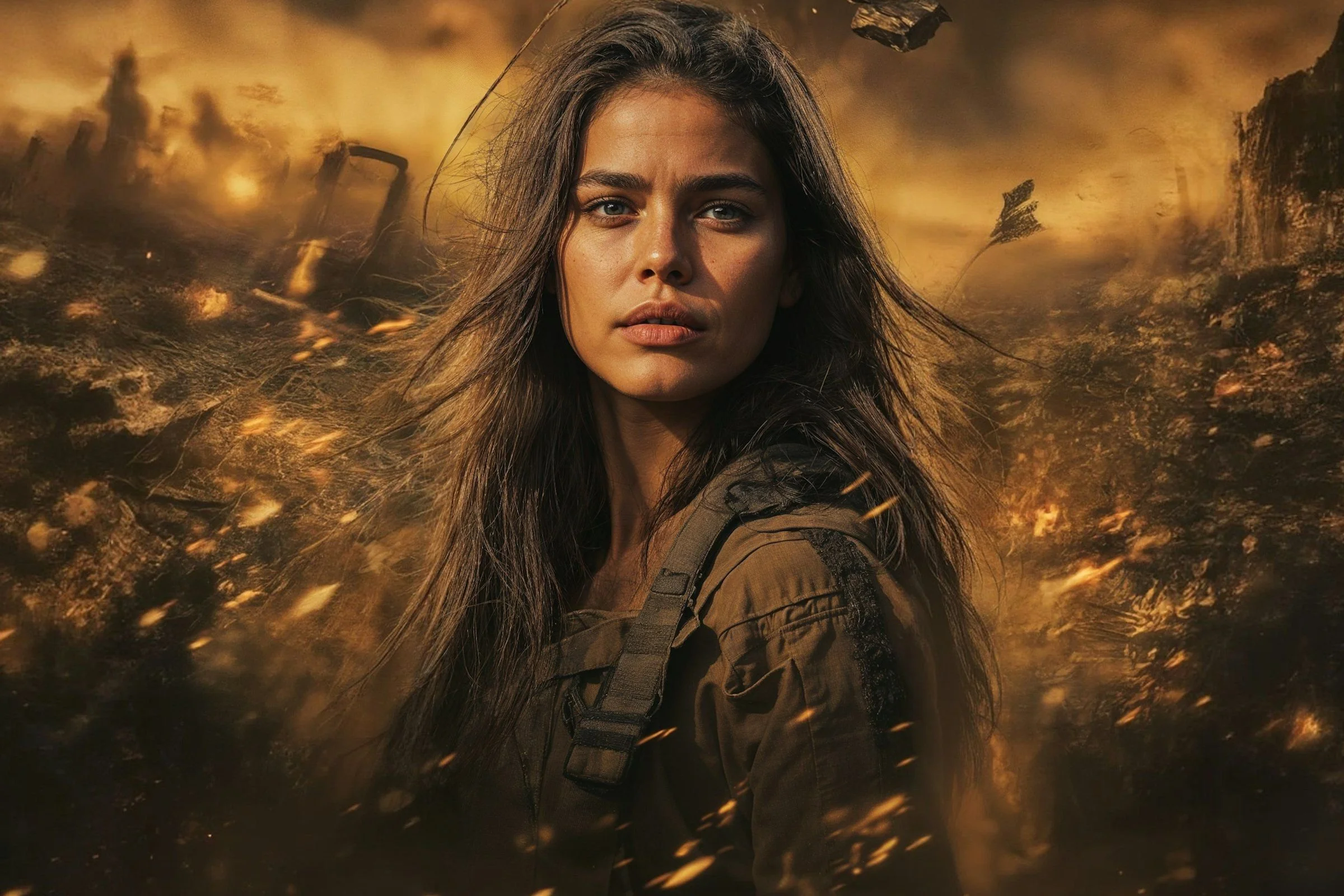 A woman with long brown hair wearing a rugged jacket stands amidst a smoky, fiery, post-apocalyptic landscape with debris and sparks in the air, looking determined and focused.