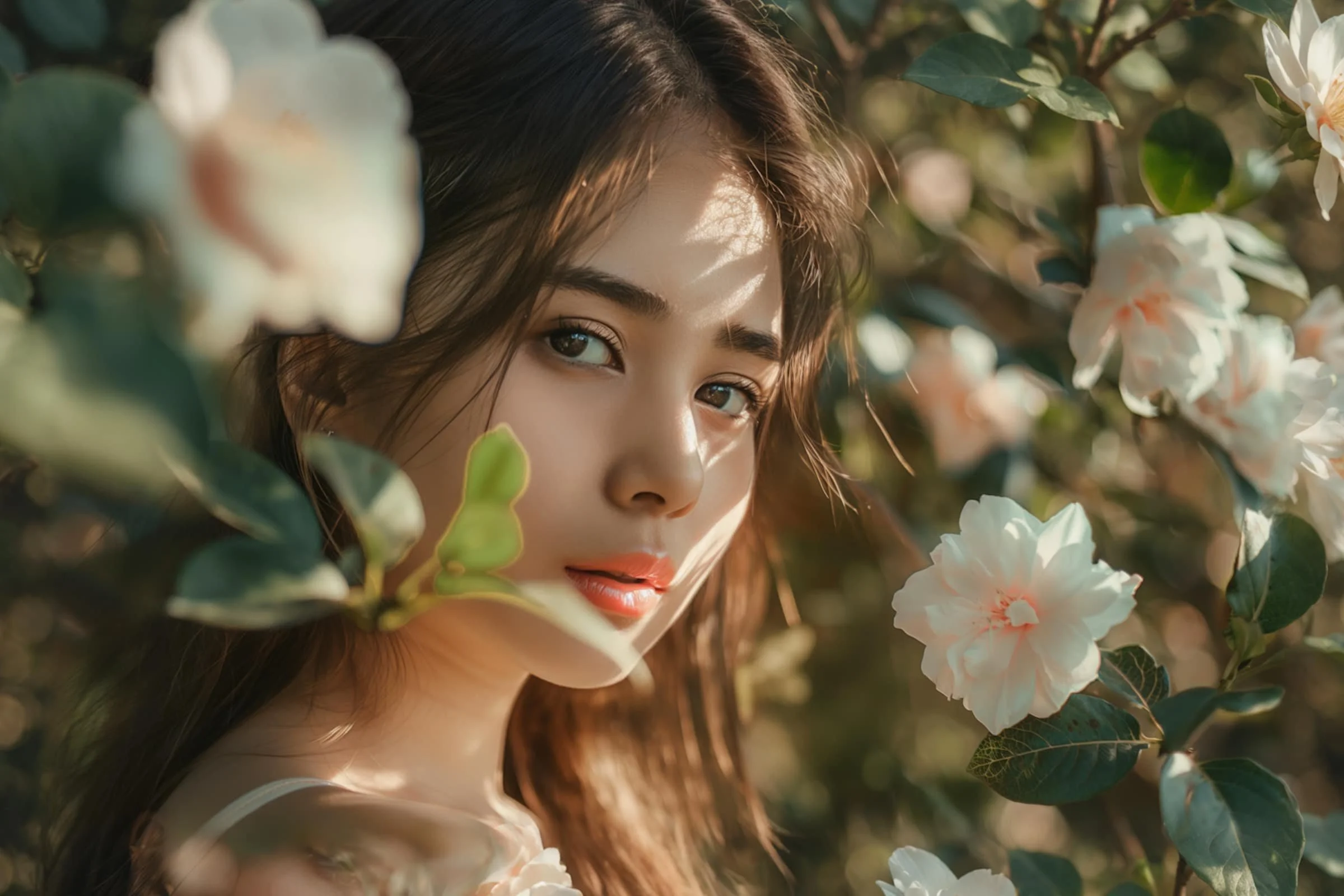 A young woman with long dark hair stands among blooming white and pink flowers, sunlight casting soft shadows on her face as she gazes calmly at the camera. Leaves and petals frame her serene expression.