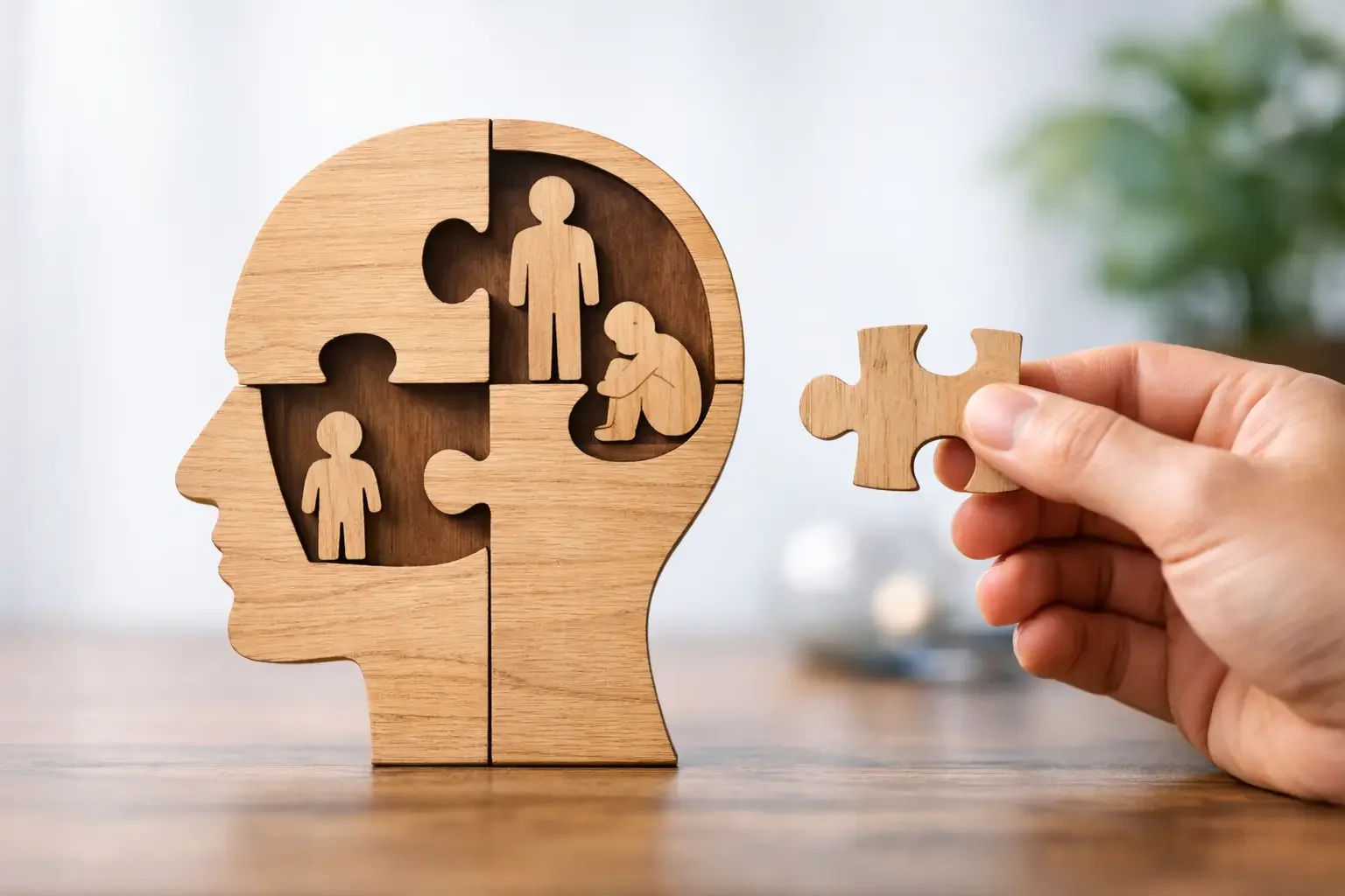 A hand holds a puzzle piece near a wooden puzzle shaped like a human head, with smaller puzzle pieces inside showing human figures, symbolizing the parts in Internal Family Systems