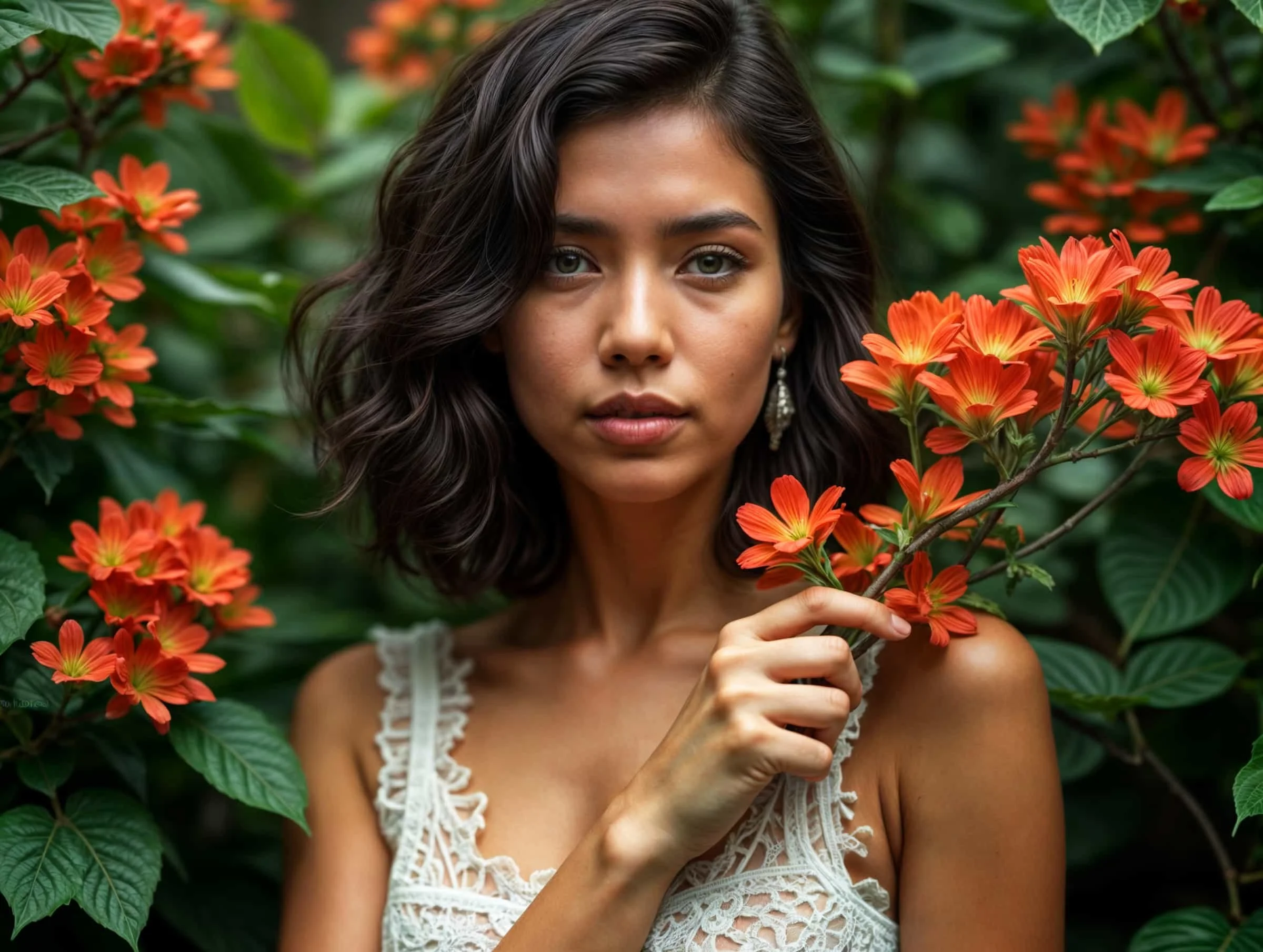 A woman with wavy dark hair wearing a white lace top stands among vibrant orange flowers and green leaves, gently holding a cluster of blossoms and looking directly at the camera.