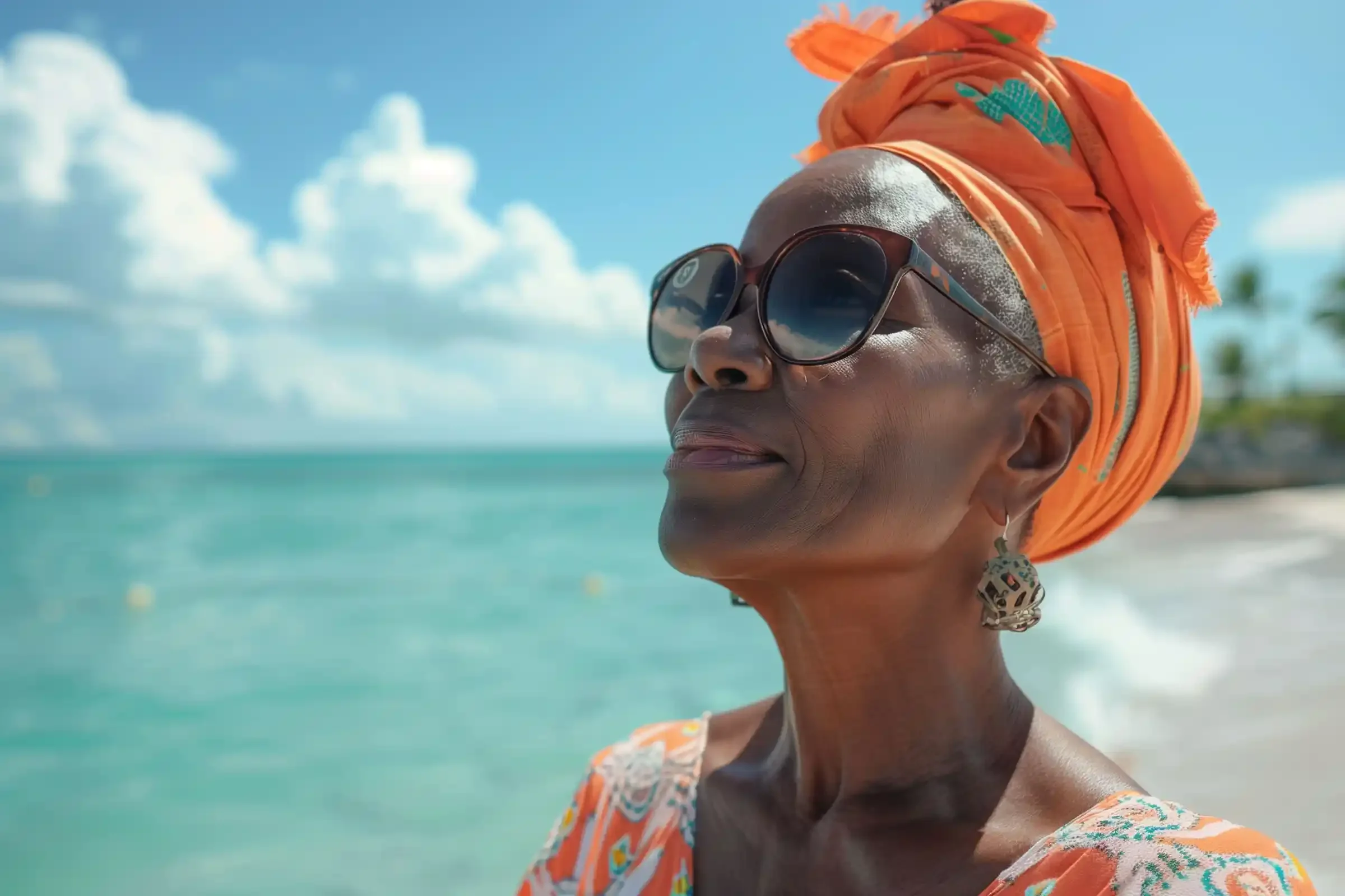 An older woman wearing sunglasses, a bright orange headwrap, and patterned dress smiles peacefully while standing by a turquoise ocean under a blue sky with clouds.